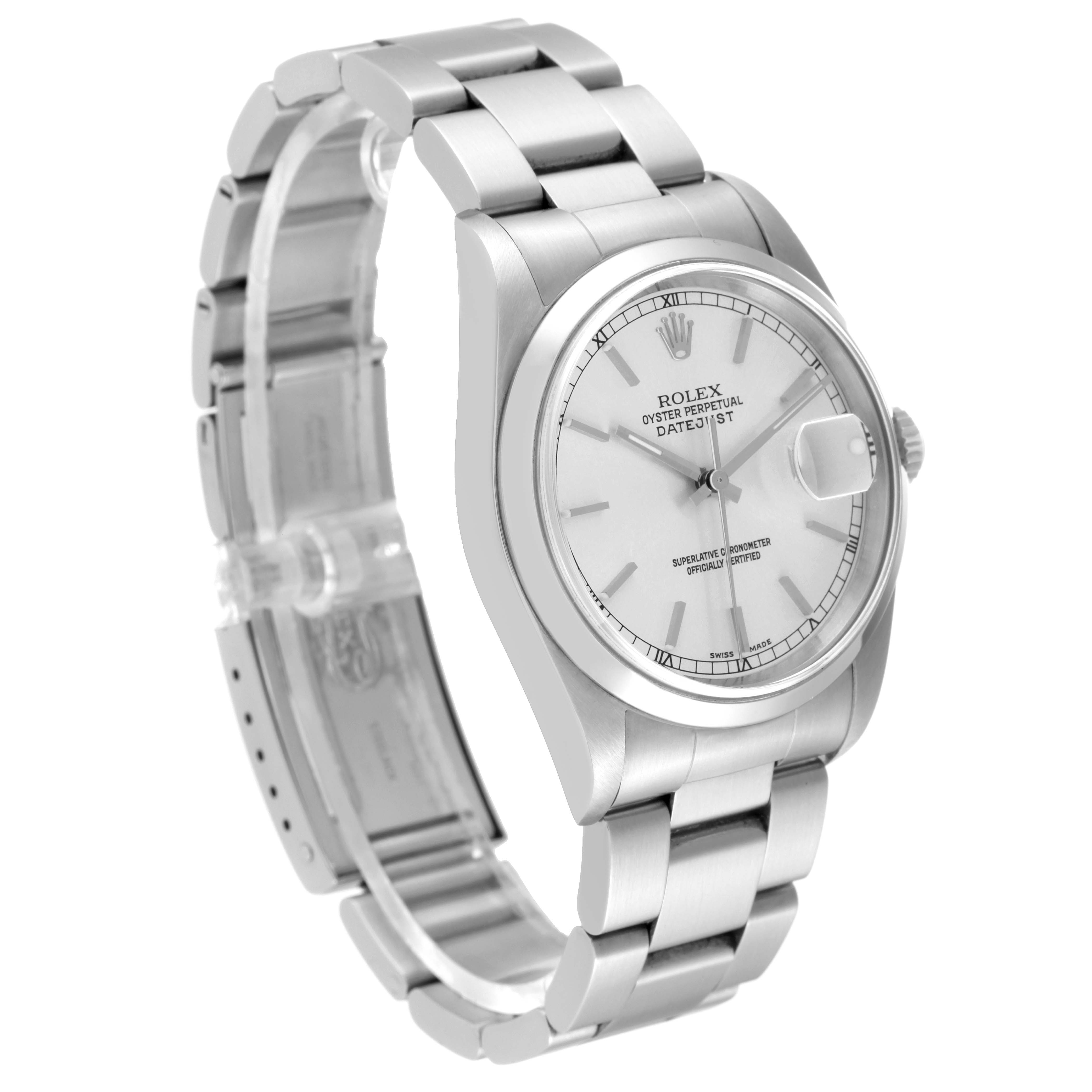 This image displays a Rolex Datejust 16200 Men's Stainless Steel Silver Dial 16200 Men's Stainless Steel Silver Dial watch at an angled front view, showcasing its dial, bezel, case, and bracelet.