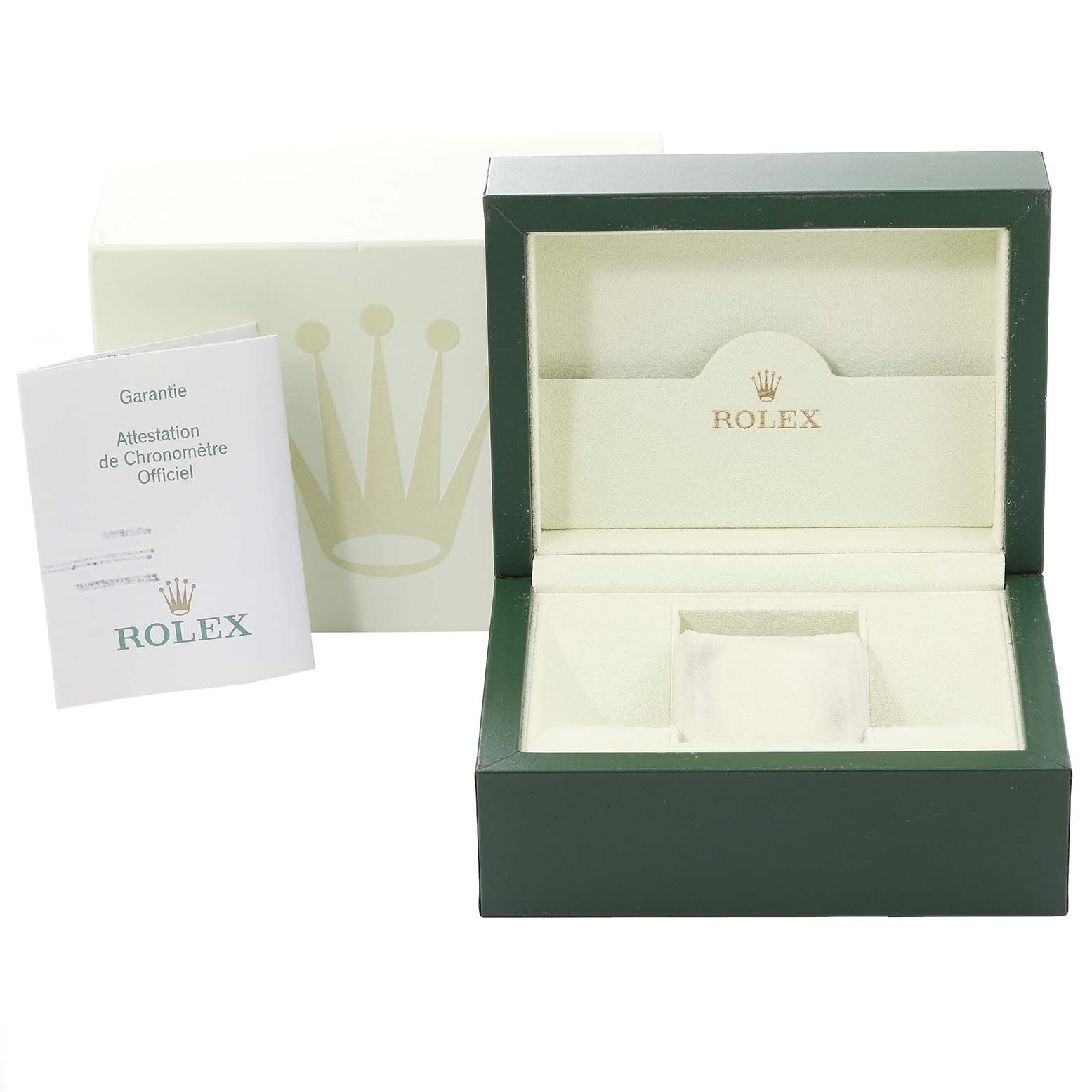 The image shows an empty Rolex Datejust 16200 Men's Stainless Steel Silver Dial 16200 Men's Stainless Steel Silver Dial watch box, certificate, and outer case, all photographed from a front angle.