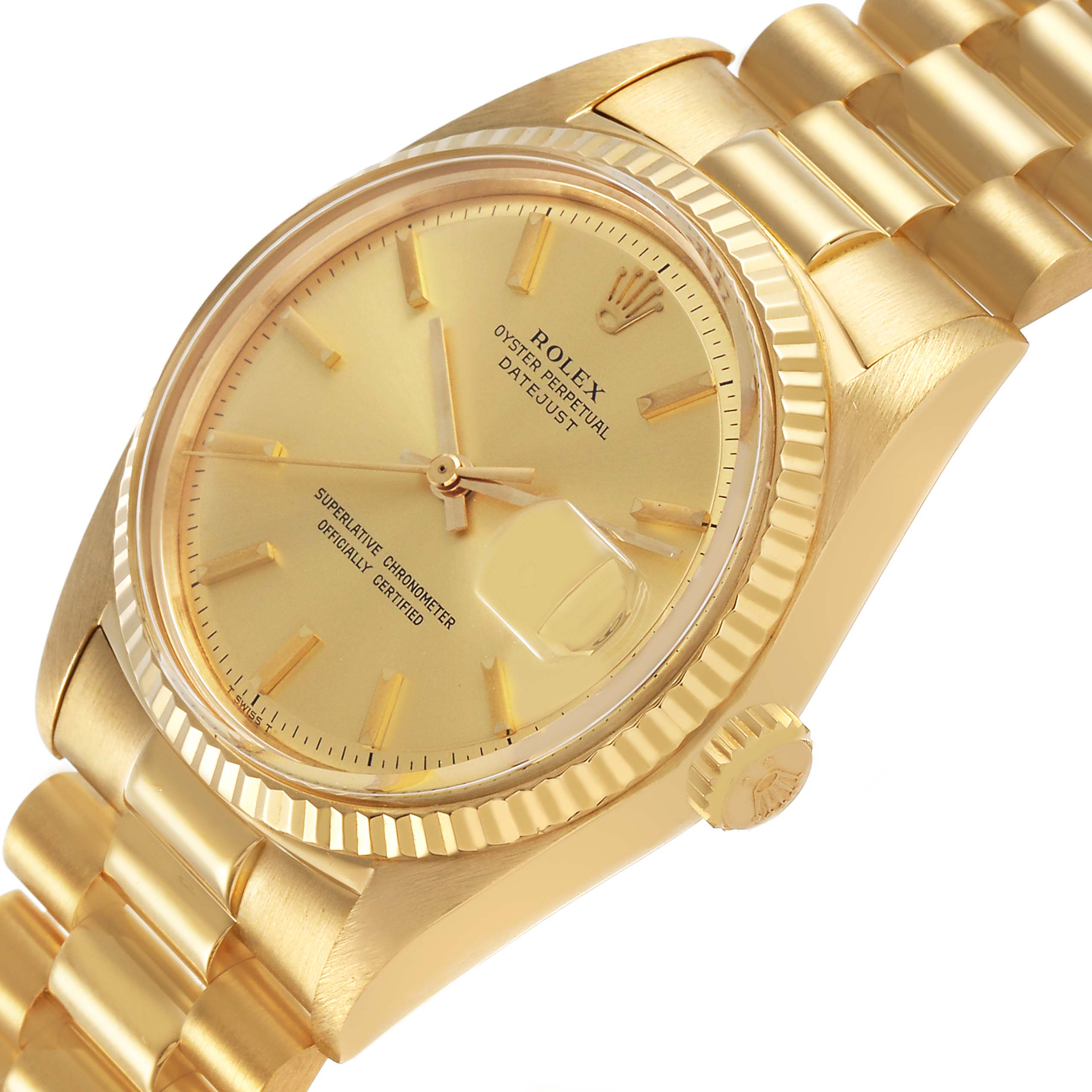 The Rolex Vintage Collection 1601 Men's Yellow Gold Champagne Dial watch is shown at an angle highlighting the gold dial, fluted bezel, and bracelet.