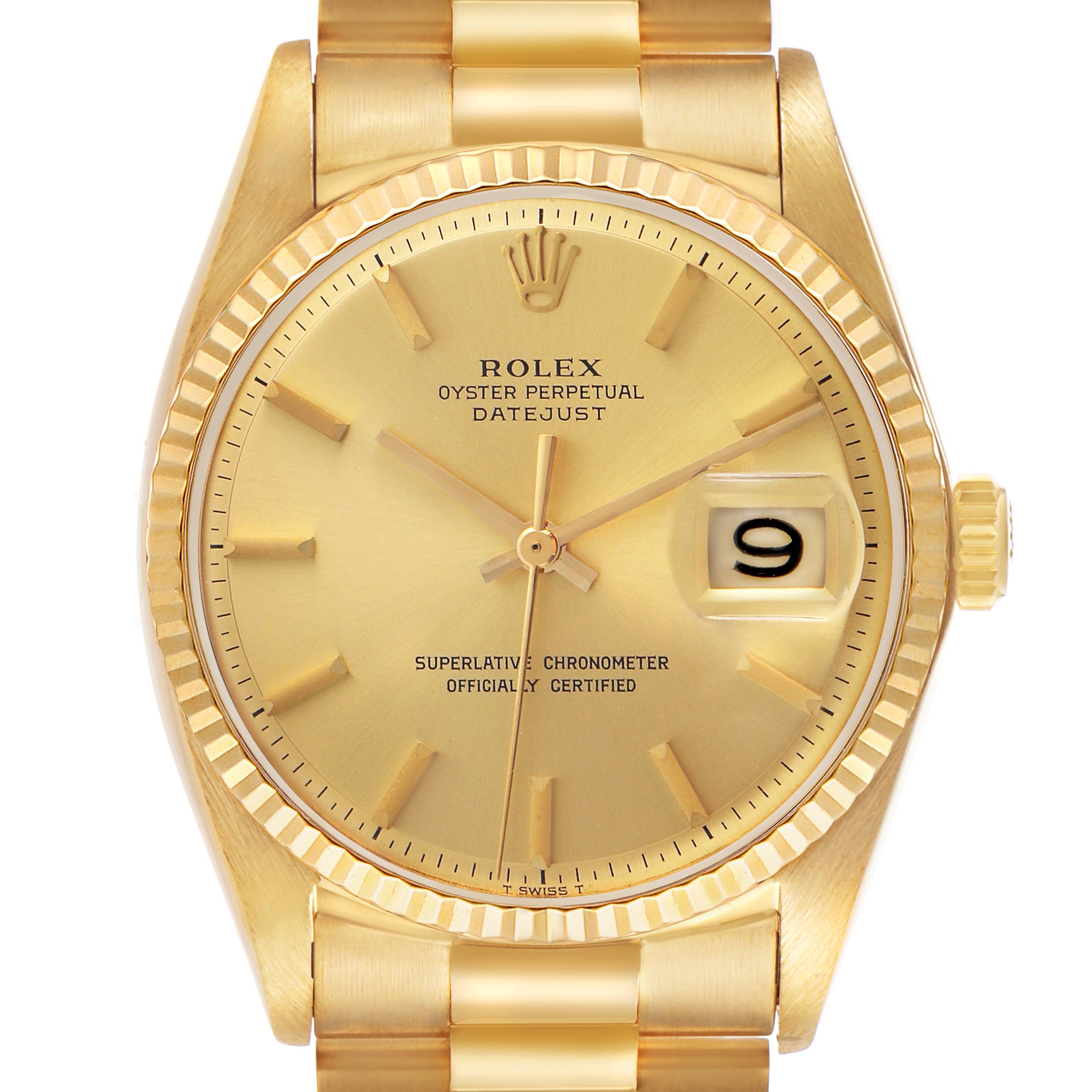 The Rolex Vintage Collection 1601 Men's Yellow Gold Champagne Dial watch is shown from the front, highlighting its golden dial, hour markers, and date display.