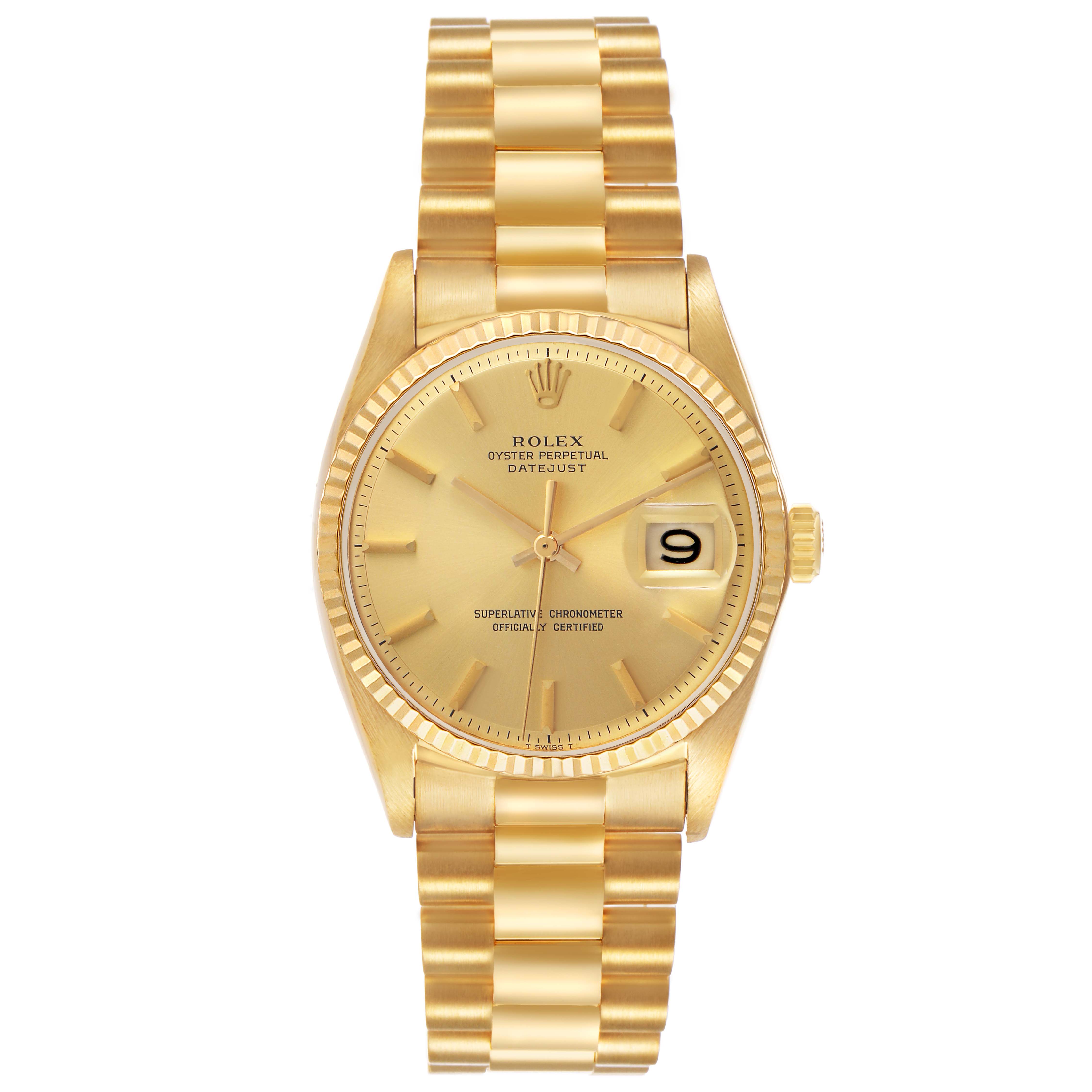 The Rolex Vintage Collection 1601 Men's Yellow Gold Champagne Dial watch is shown from a top-down angle, highlighting its gold bracelet, dial, and date window.
