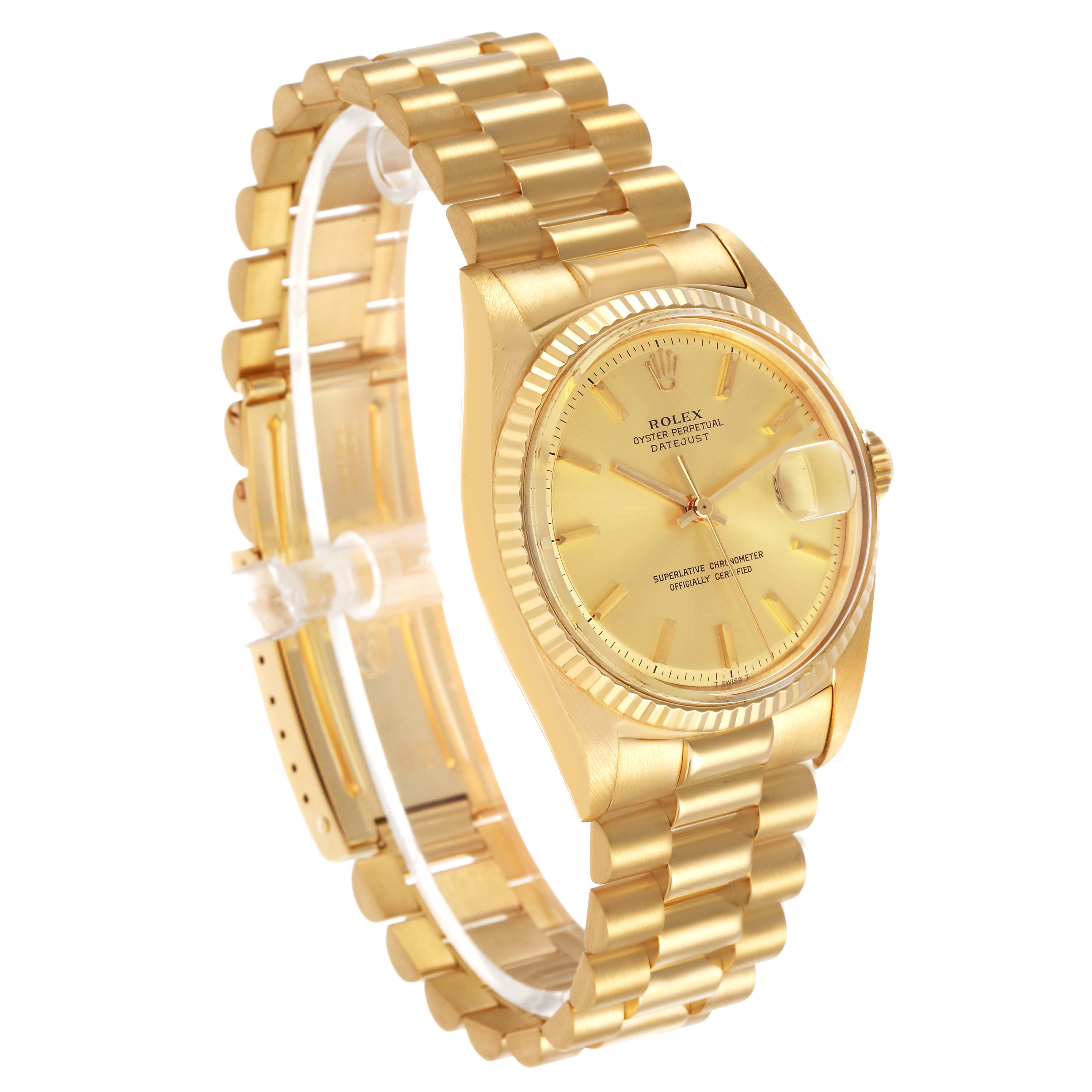 The Rolex Vintage Collection 1601 Men's Yellow Gold Champagne Dial model is shown at a three-quarter angle, displaying the dial, bezel, and bracelet.