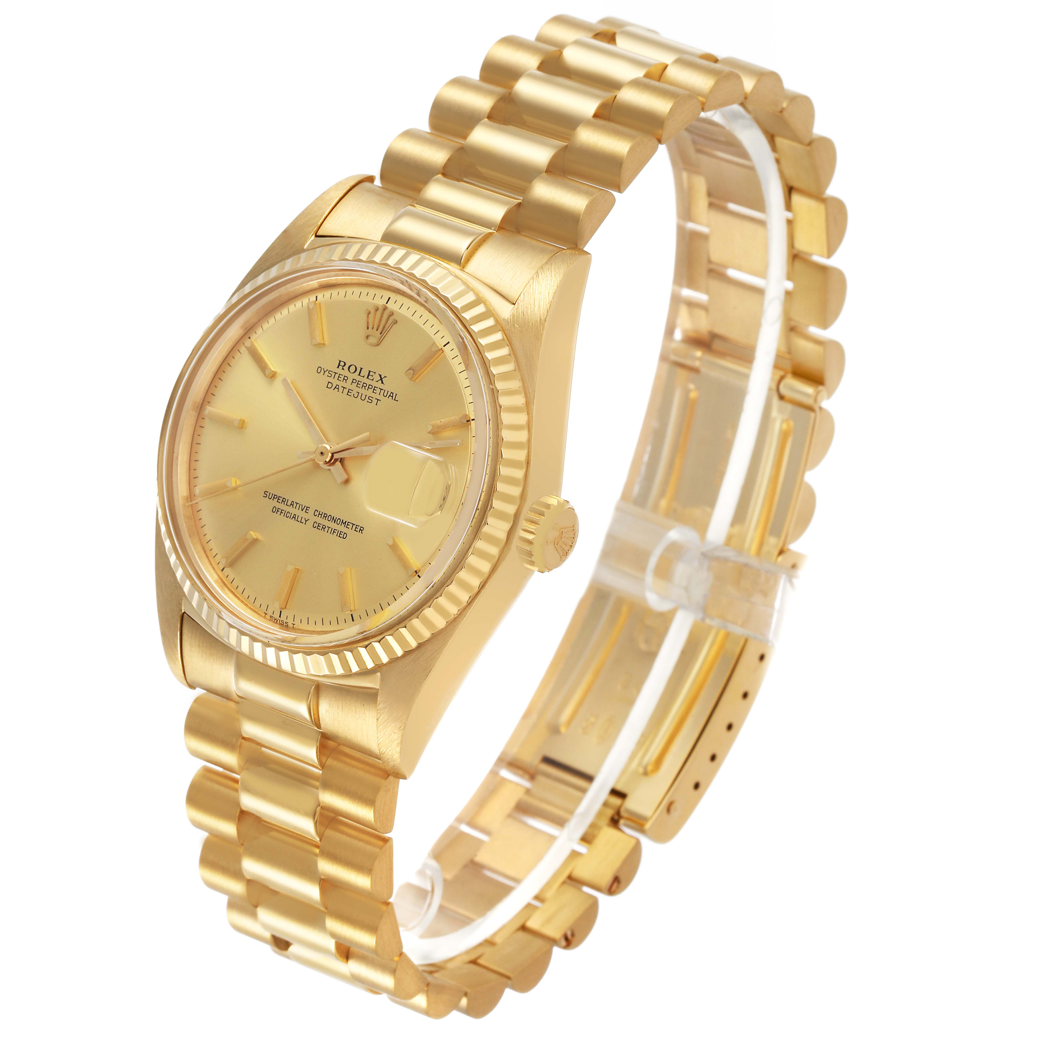 The Rolex Vintage Collection 1601 Men's Yellow Gold Champagne Dial watch is shown at a three-quarter angle, highlighting the dial, bezel, and bracelet.