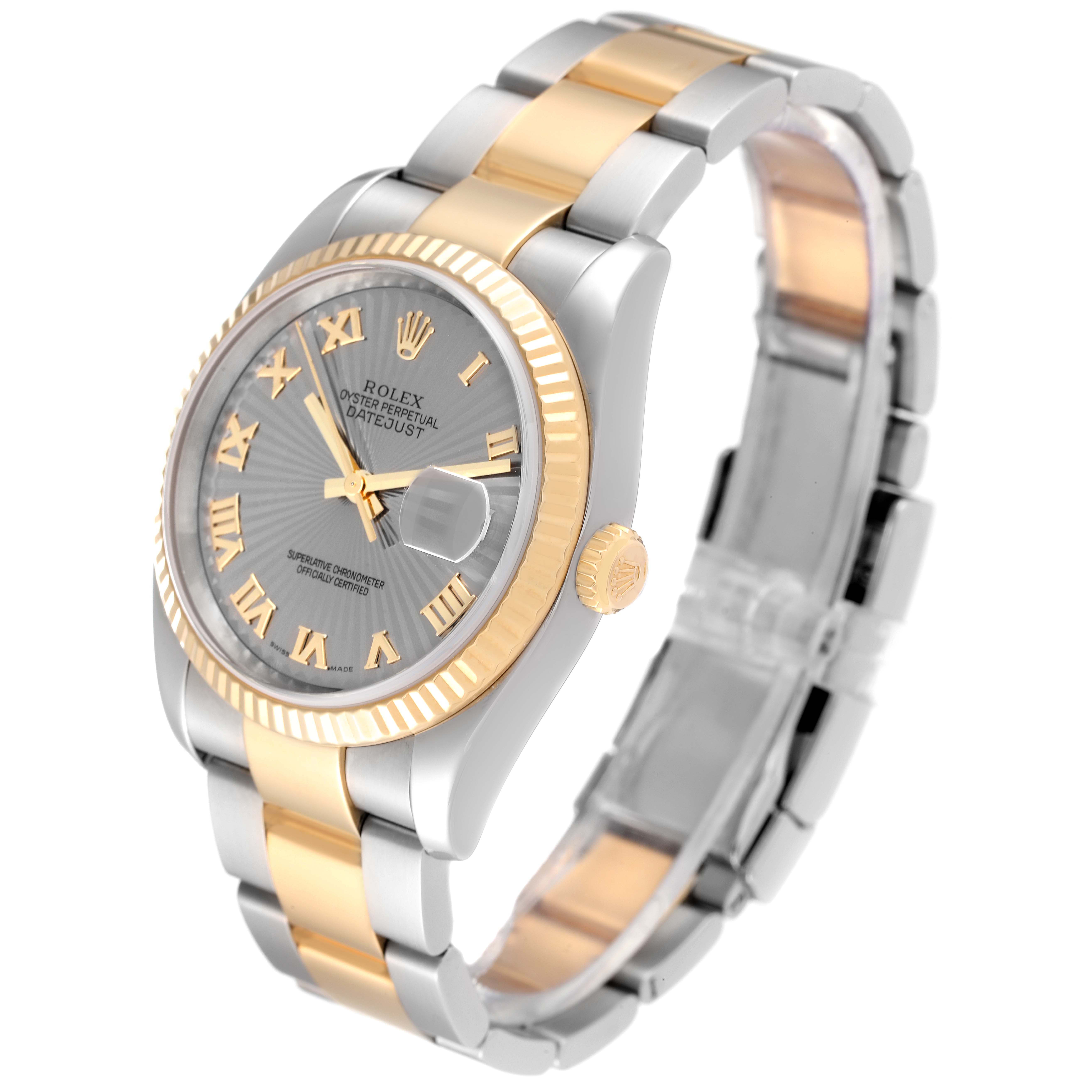 The image shows a Rolex Datejust 116233 Men's Steel and Gold (two tone) Grey Dial 116233 Men's Steel and Gold (two tone) Grey Dial watch at an angled side view, highlighting the face, bezel, crown, and bracelet.