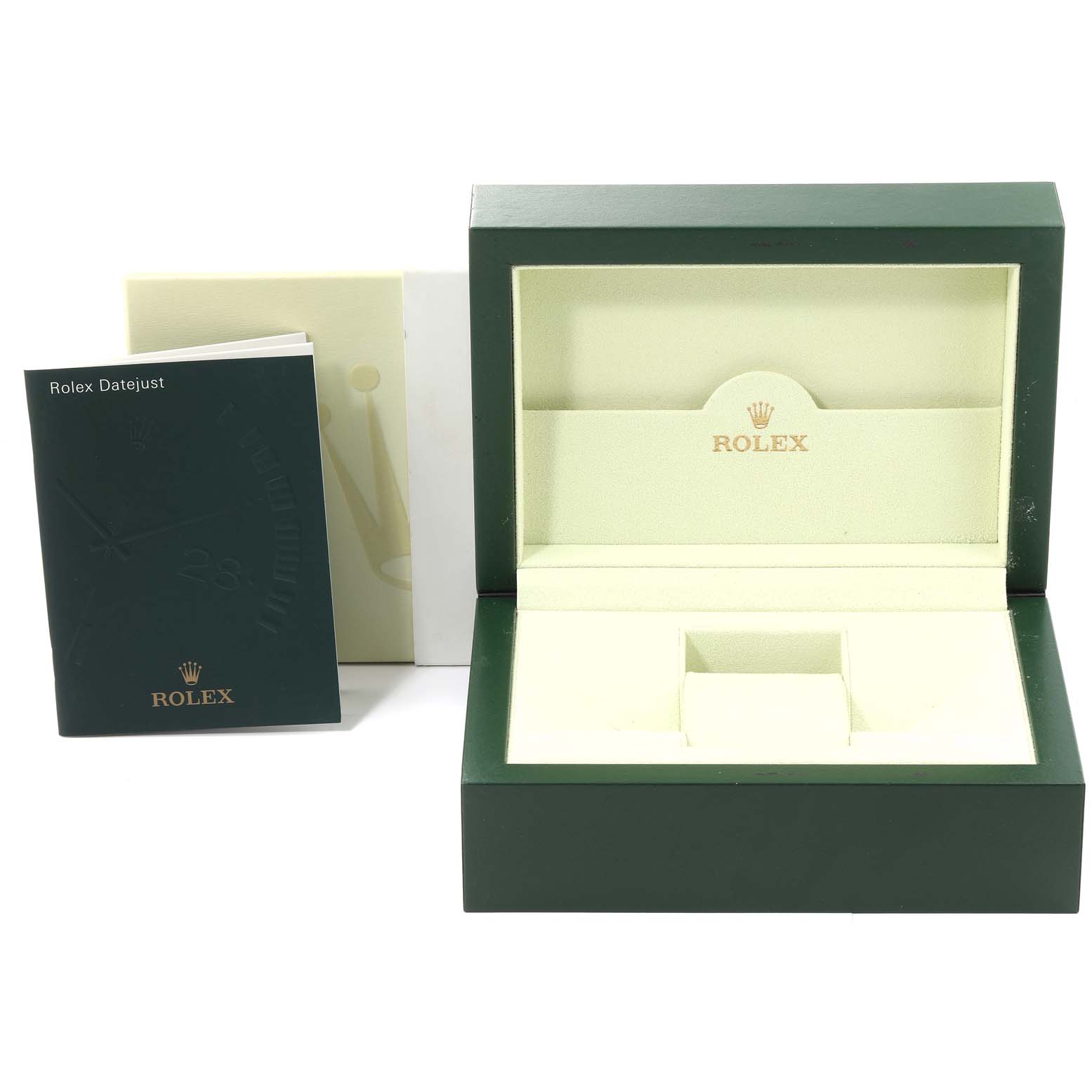 The image shows an open Rolex Datejust 116233 Men's Steel and Gold (two tone) Grey Dial 116233 Men's Steel and Gold (two tone) Grey Dial box with its interior and an accompanying booklet placed beside it.