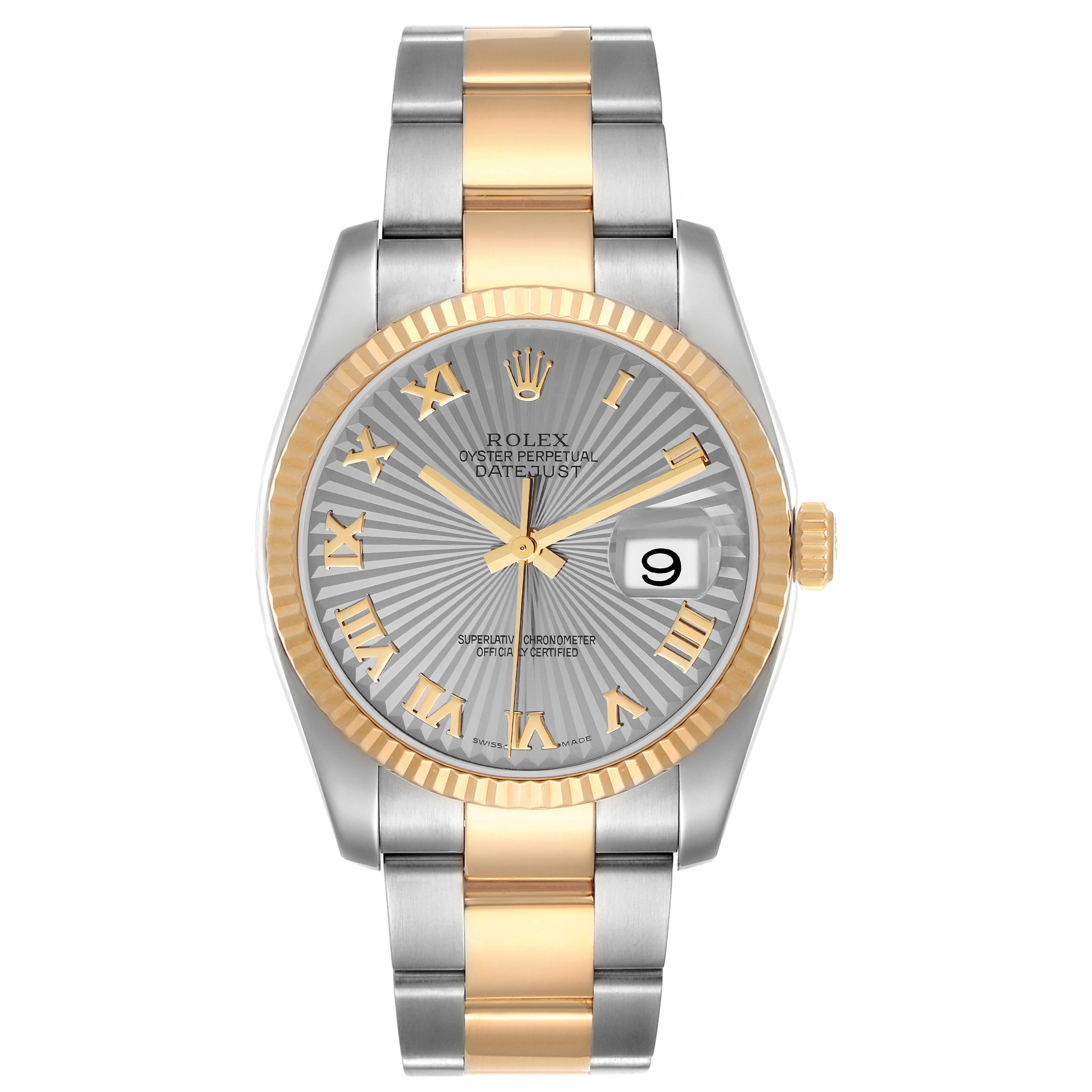 This is a front view of a Rolex Datejust 116233 Men's Steel and Gold (two tone) Grey Dial 116233 Men's Steel and Gold (two tone) Grey Dial watch, showcasing its dial, bezel, and two-tone bracelet.