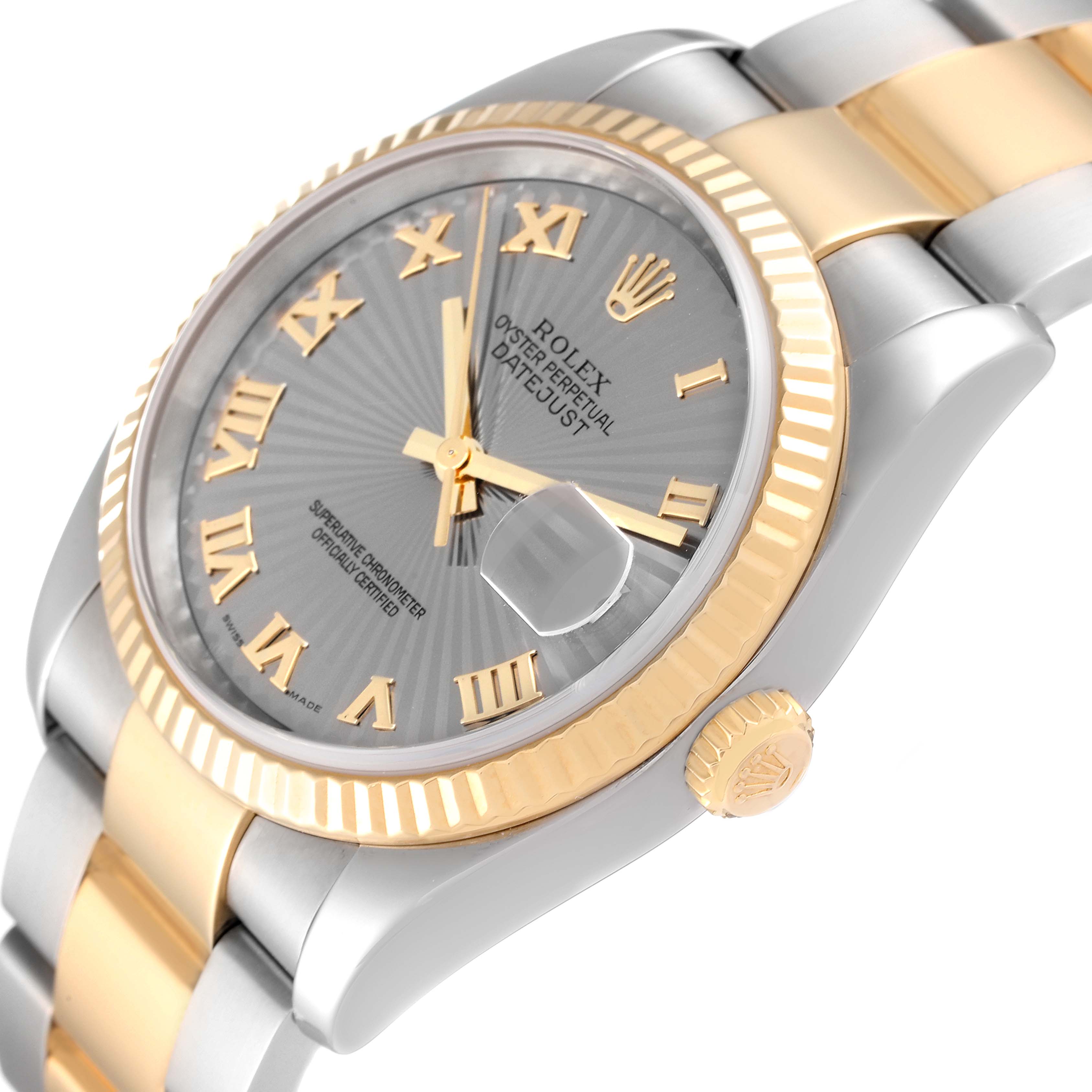 This image shows the Rolex Datejust 116233 Men's Steel and Gold (two tone) Grey Dial 116233 Men's Steel and Gold (two tone) Grey Dial model watch at a close-up angle displaying the dial, bezel, bracelet, and crown.