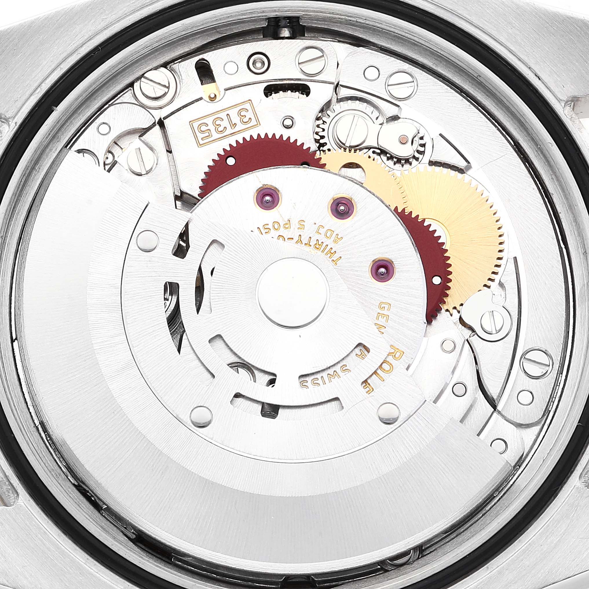 This image shows a close-up of the movement mechanics in the back of a Rolex Datejust 116233 Men's Steel and Gold (two tone) Grey Dial 116233 Men's Steel and Gold (two tone) Grey Dial watch.