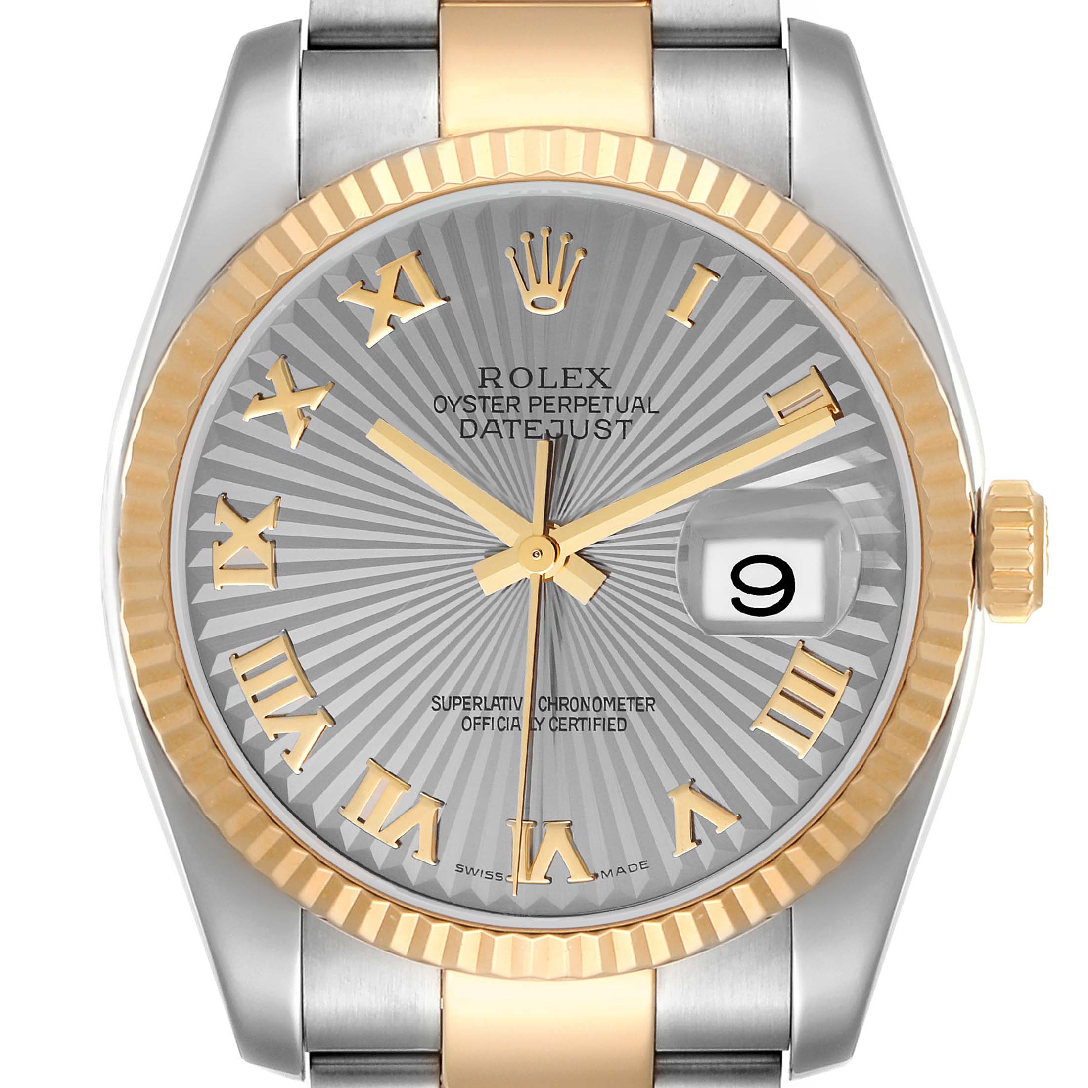 The image shows a front angle of the Rolex Datejust 116233 Men's Steel and Gold (two tone) Grey Dial 116233 Men's Steel and Gold (two tone) Grey Dial watch, highlighting its dial, hands, crown, and bezel.