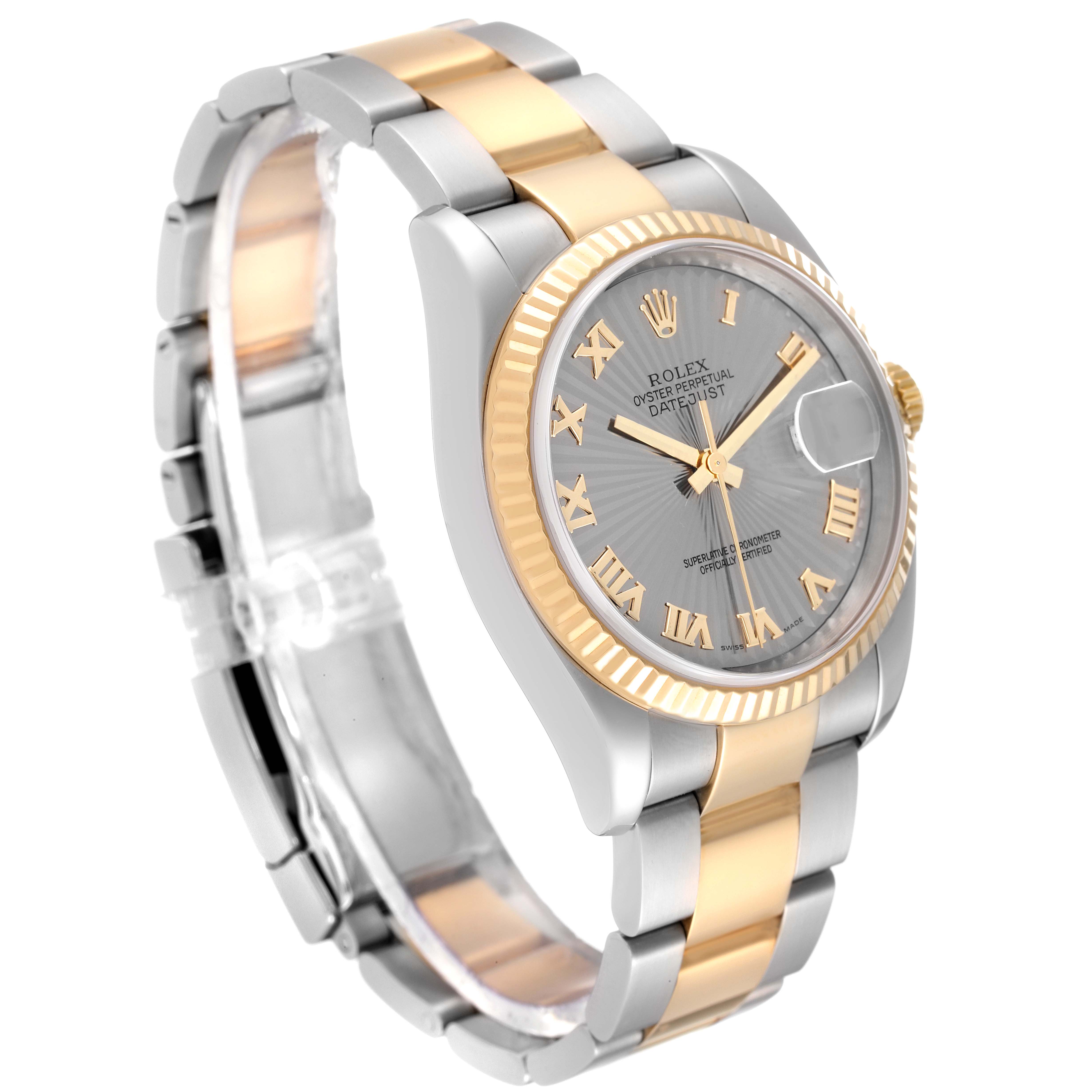 The image shows a Rolex Datejust 116233 Men's Steel and Gold (two tone) Grey Dial 116233 Men's Steel and Gold (two tone) Grey Dial watch at an angled side view, highlighting its two-tone bracelet and fluted bezel.