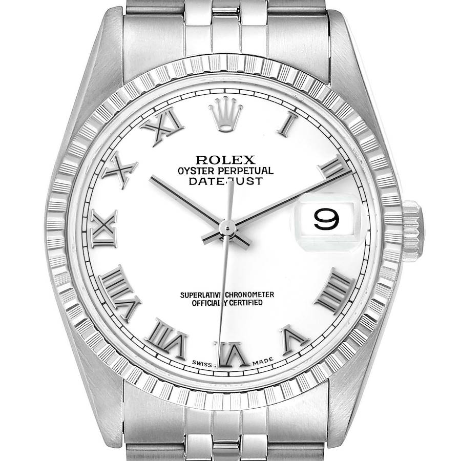 This image shows a front view of the Rolex Datejust watch, highlighting its face, bezel, and part of the bracelet.