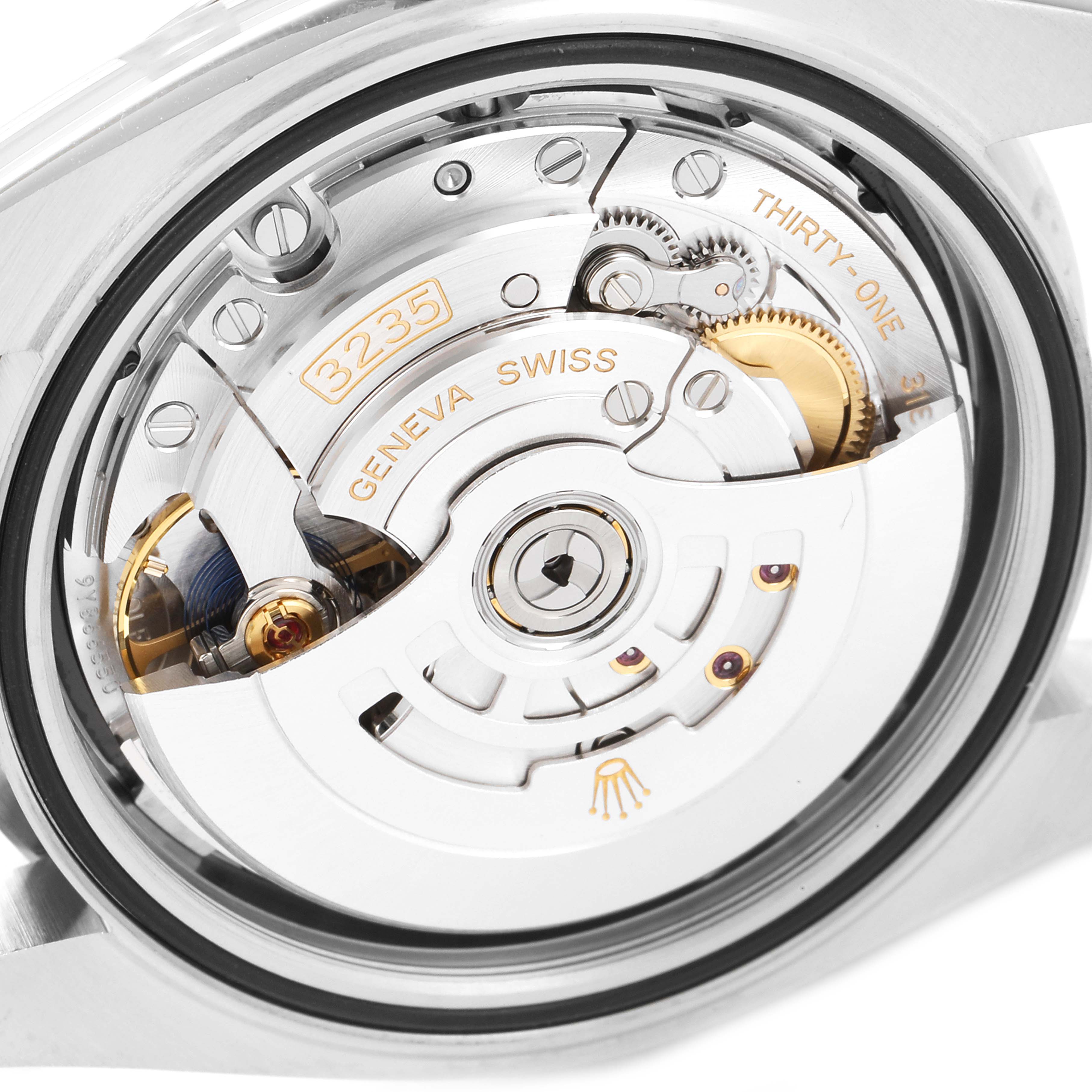 The image shows a close-up view of the movement mechanism inside a Rolex Datejust 41 126300 Men's Stainless Steel Black Dial 126300 Men's Stainless Steel Black Dial watch.