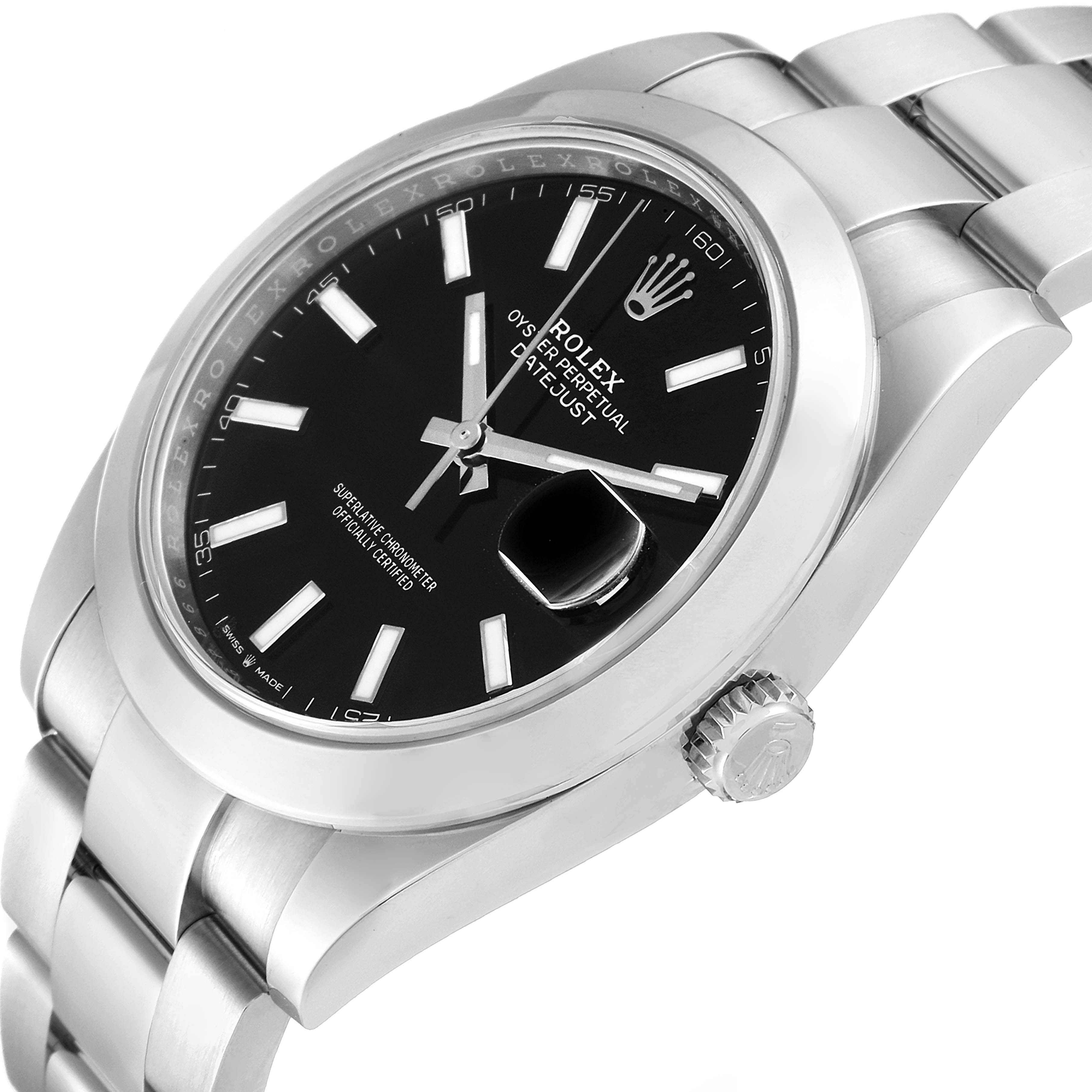 The image shows the dial, bezel, crown, and bracelet of the Rolex Datejust 41 126300 Men's Stainless Steel Black Dial 126300 Men's Stainless Steel Black Dial watch at an oblique angle.
