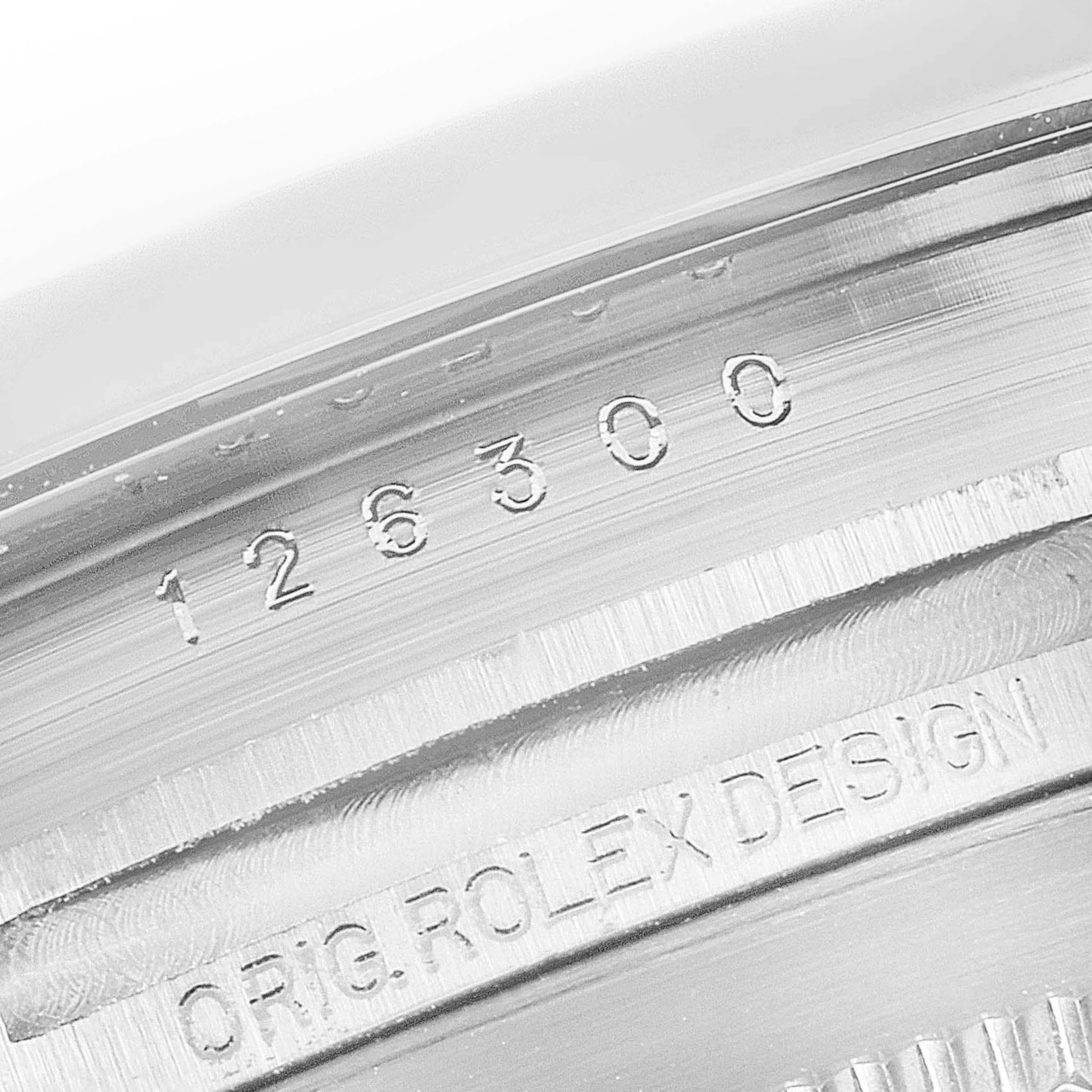 This is a close-up view of the model and branding details engraved on the side of a Rolex Datejust 41 126300 Men's Stainless Steel Black Dial 126300 Men's Stainless Steel Black Dial watch.