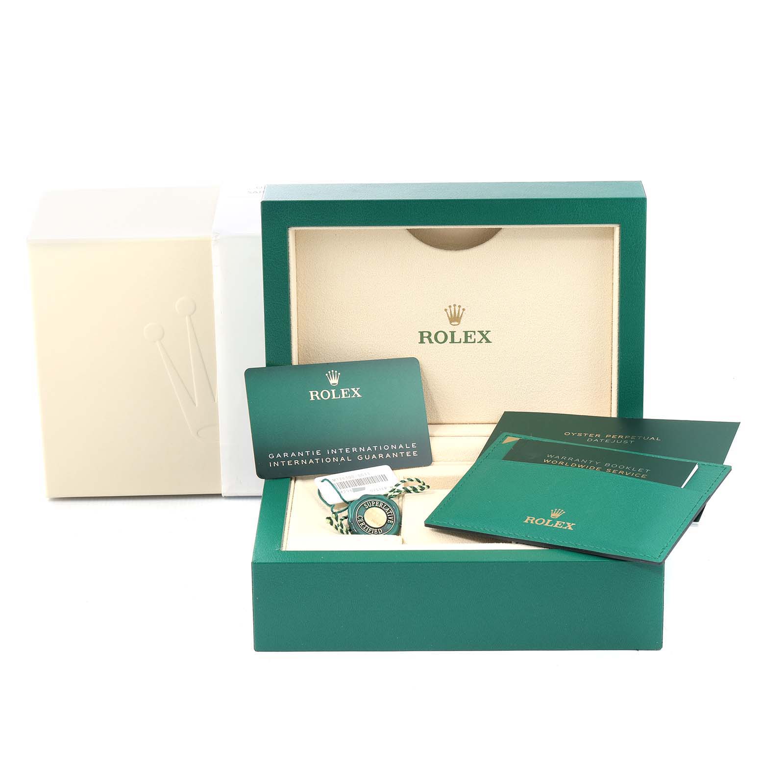 The image shows a Rolex Datejust 41 126300 Men's Stainless Steel Black Dial 126300 Men's Stainless Steel Black Dial box with warranty cards, a booklet, and a hang tag displayed at an angle from the front.