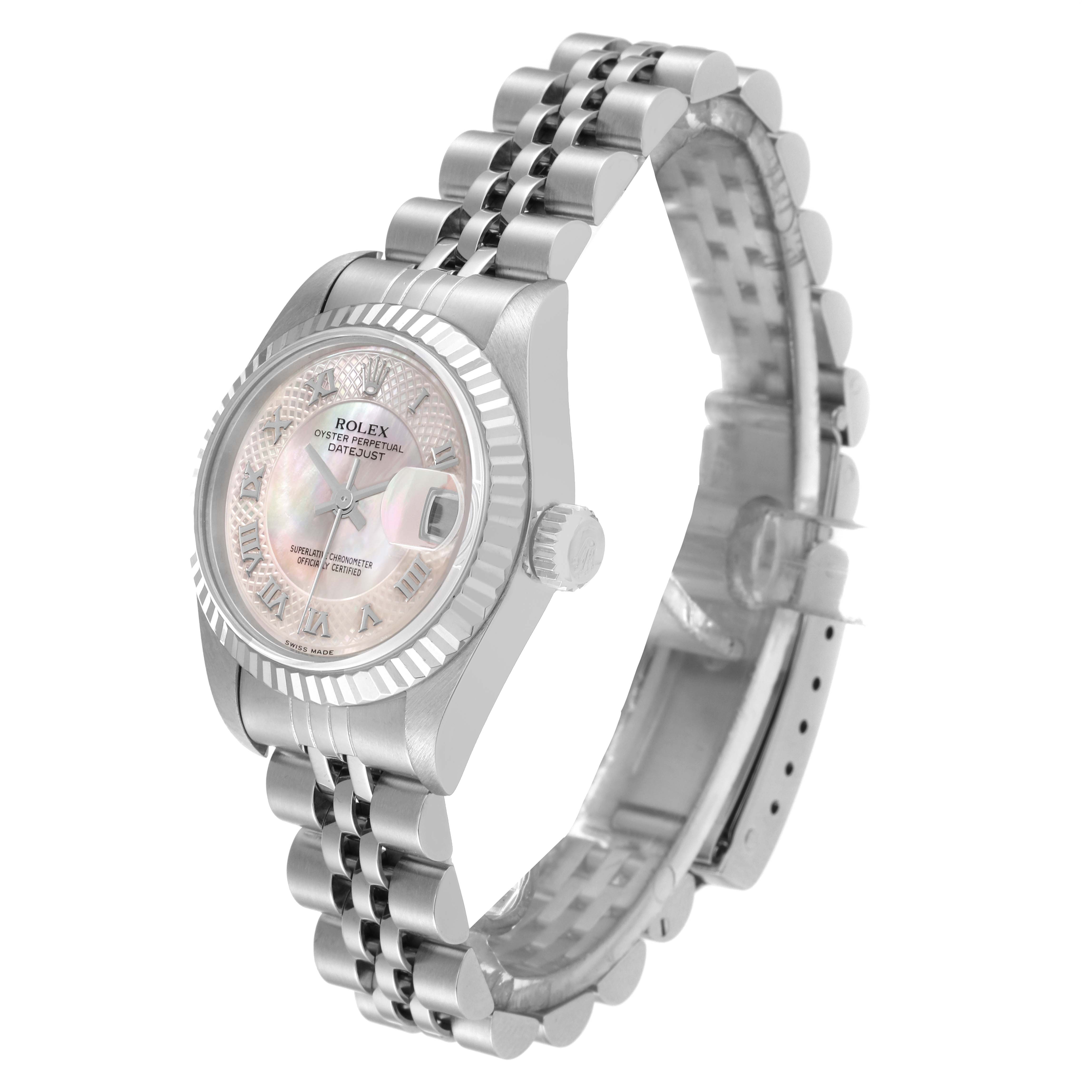 This image showcases a Rolex Datejust 79174 Women's Stainless Steel Mother of Pearl Dial 79174 Women's Stainless Steel Mother of Pearl Dial watch from an angled side view, highlighting the dial, crown, and bracelet.
