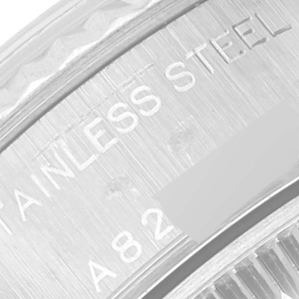 The image shows an angled view of the case back with engraving on a Rolex Datejust 79174 Women's Stainless Steel Mother of Pearl Dial 79174 Women's Stainless Steel Mother of Pearl Dial watch.