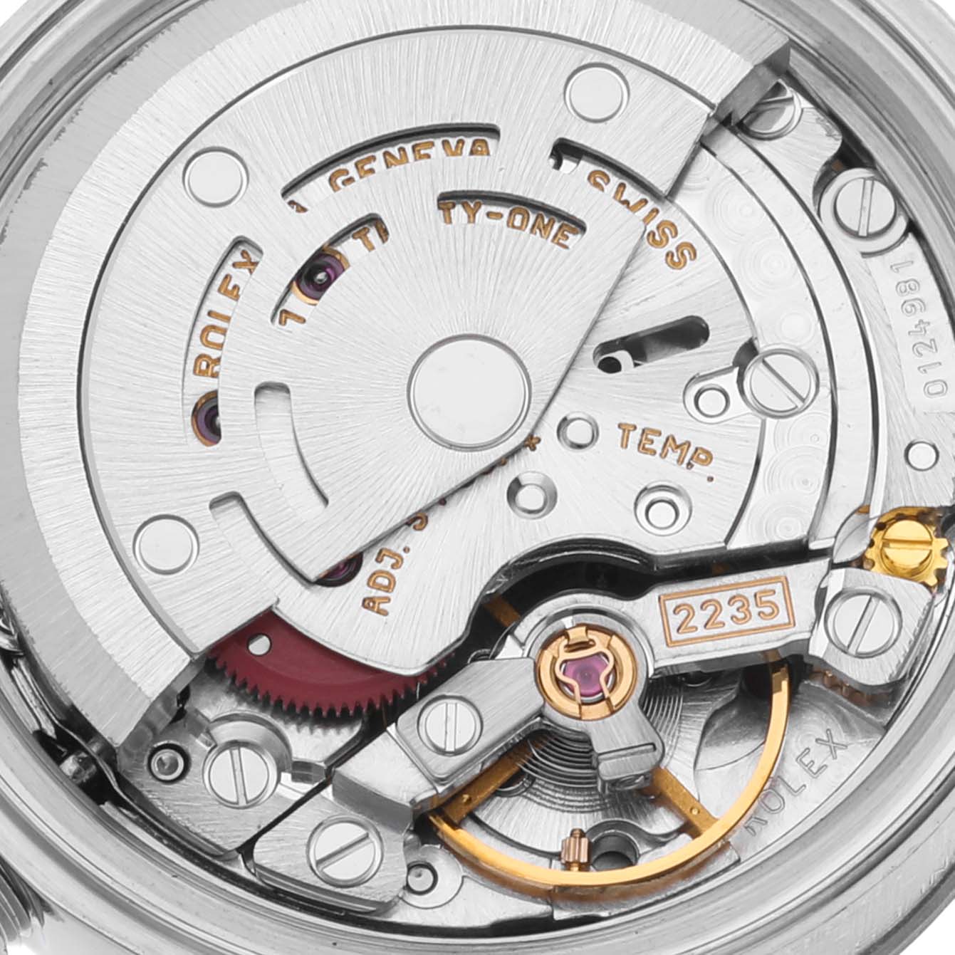 This image shows the intricate mechanics of the Rolex Datejust 79174 Women's Stainless Steel Mother of Pearl Dial 79174 Women's Stainless Steel Mother of Pearl Dial watch movement from a close-up, rear angle.
