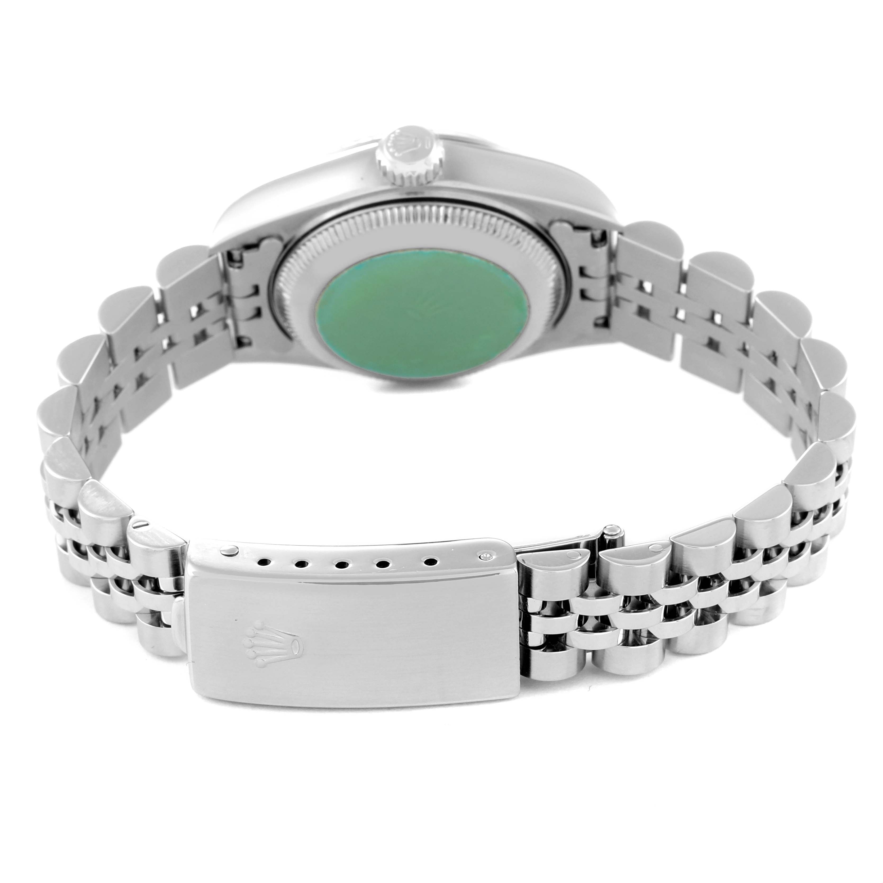 The image shows the back view of the Rolex Datejust 79174 Women's Stainless Steel Mother of Pearl Dial 79174 Women's Stainless Steel Mother of Pearl Dial watch, featuring the case back, crown, and Jubilee bracelet with a clasp.