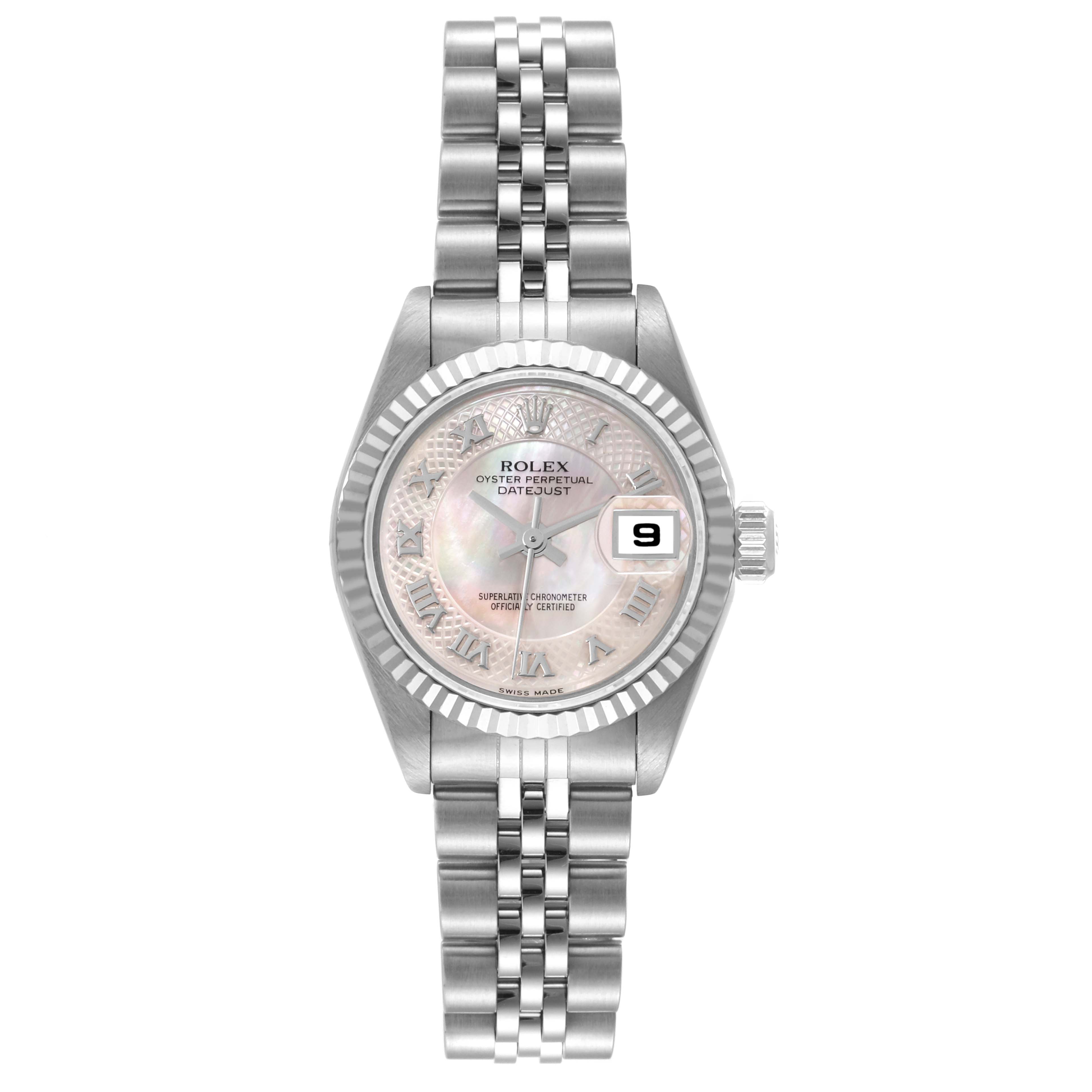 This image shows the front view of a Rolex Datejust 79174 Women's Stainless Steel Mother of Pearl Dial 79174 Women's Stainless Steel Mother of Pearl Dial watch, highlighting its dial, bezel, and bracelet.