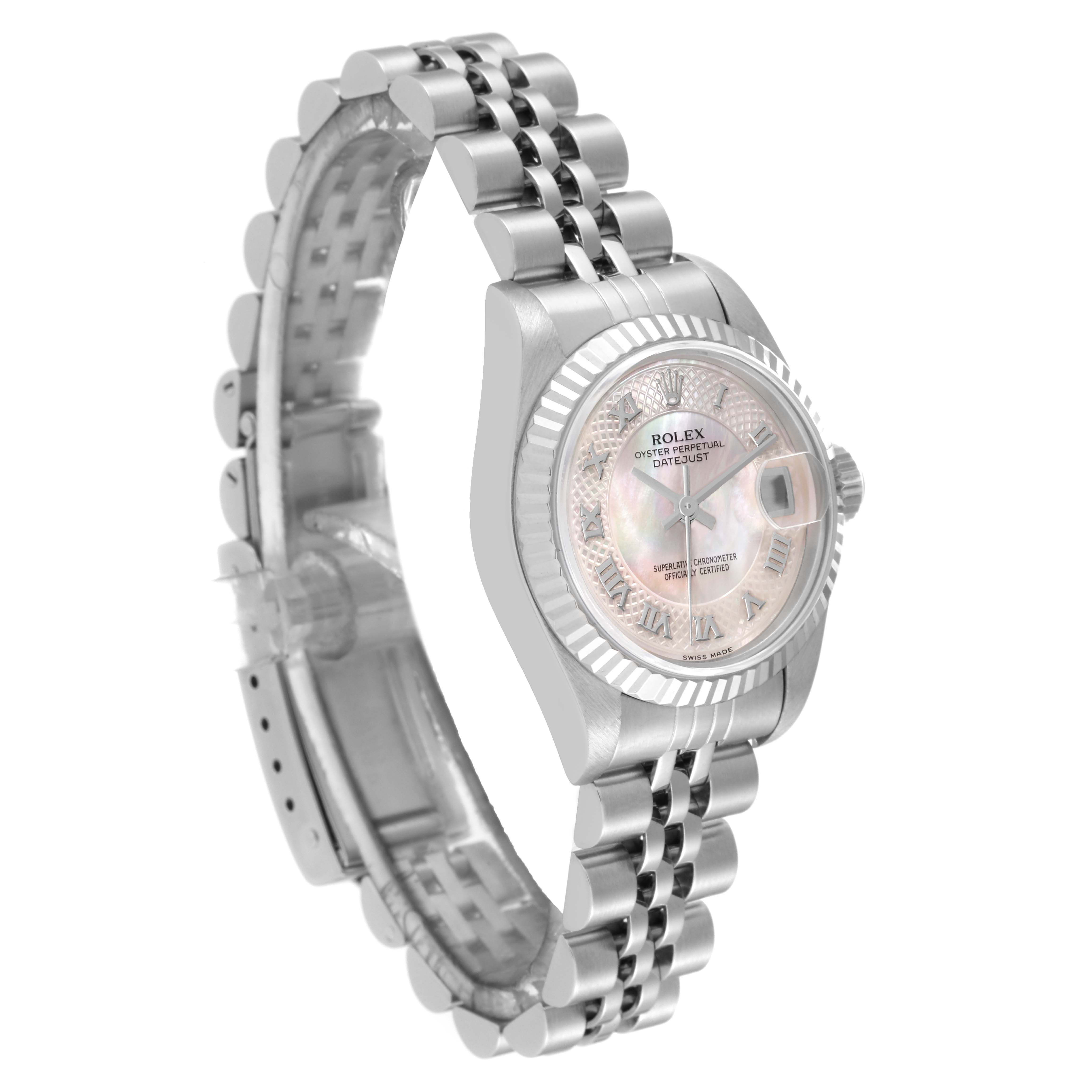 The image shows a side angle of a Rolex Datejust 79174 Women's Stainless Steel Mother of Pearl Dial 79174 Women's Stainless Steel Mother of Pearl Dial model, showcasing the dial, bezel, and bracelet.