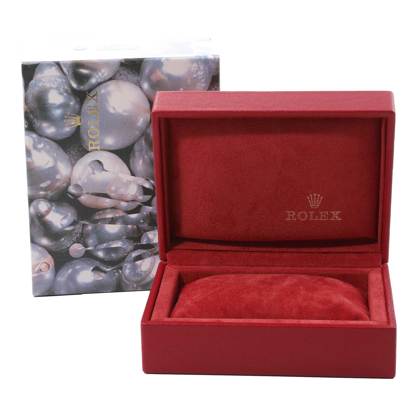 The image shows an open red watch box and a decorative outer box for a Rolex Datejust 79174 Women's Stainless Steel Mother of Pearl Dial 79174 Women's Stainless Steel Mother of Pearl Dial model watch.