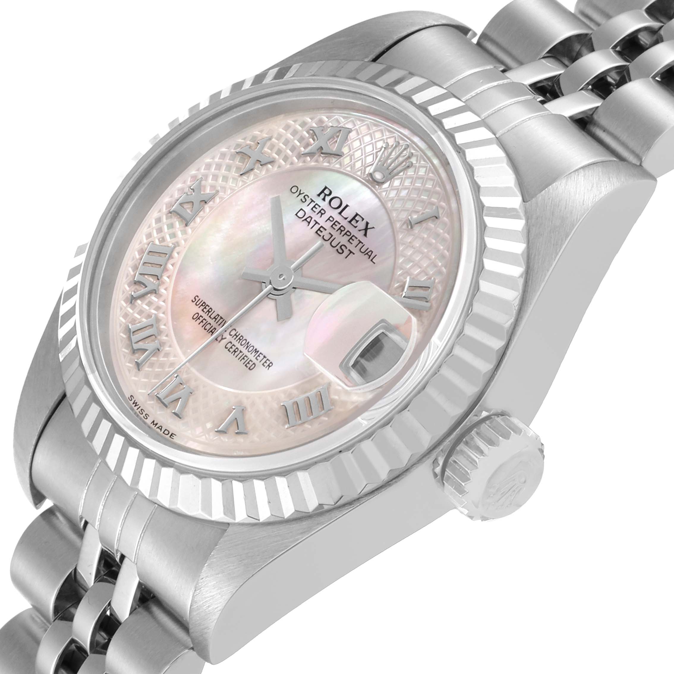 The image shows a Rolex Datejust 79174 Women's Stainless Steel Mother of Pearl Dial 79174 Women's Stainless Steel Mother of Pearl Dial watch at an angled side view, highlighting its bezel, crown, and partial bracelet.