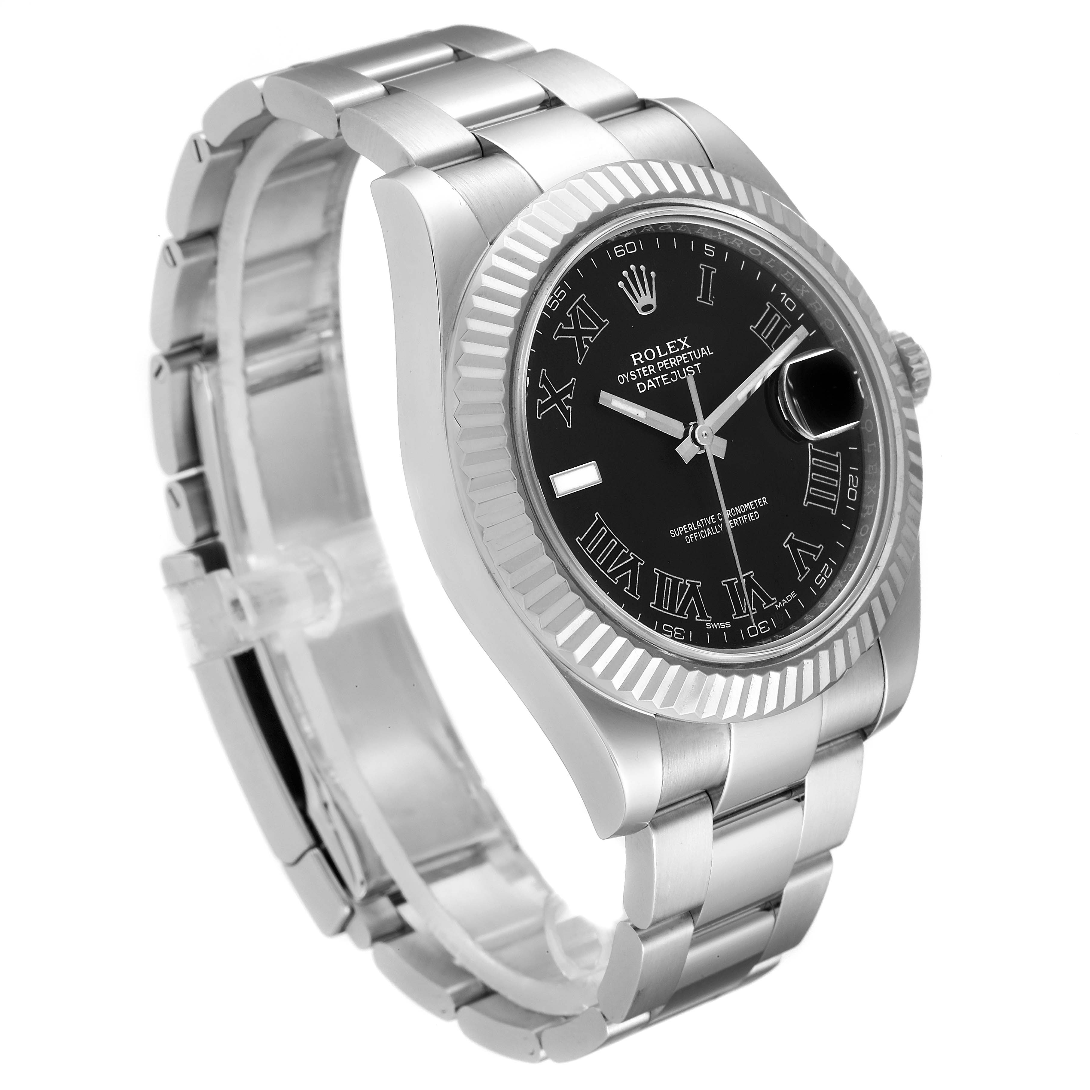 The image shows a Rolex Datejust 41 116334 Men's Stainless Steel Grey Dial 116334 Men's Stainless Steel Grey Dial watch at an angled view, showcasing its black dial, Roman numerals, and stainless steel bracelet.