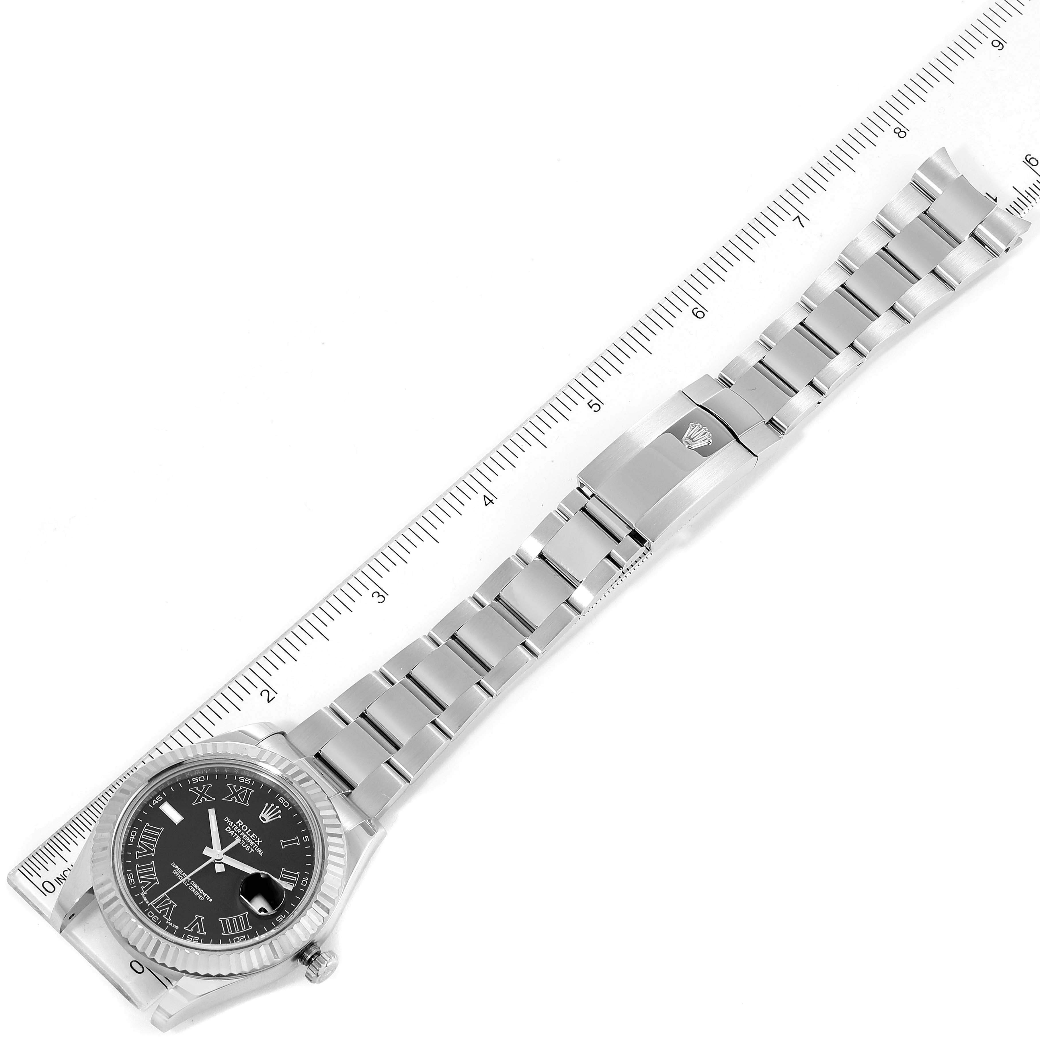 The image shows an overhead view of a Rolex Datejust 41 116334 Men's Stainless Steel Grey Dial 116334 Men's Stainless Steel Grey Dial watch, including its face, bezel, bracelet, and clasp.