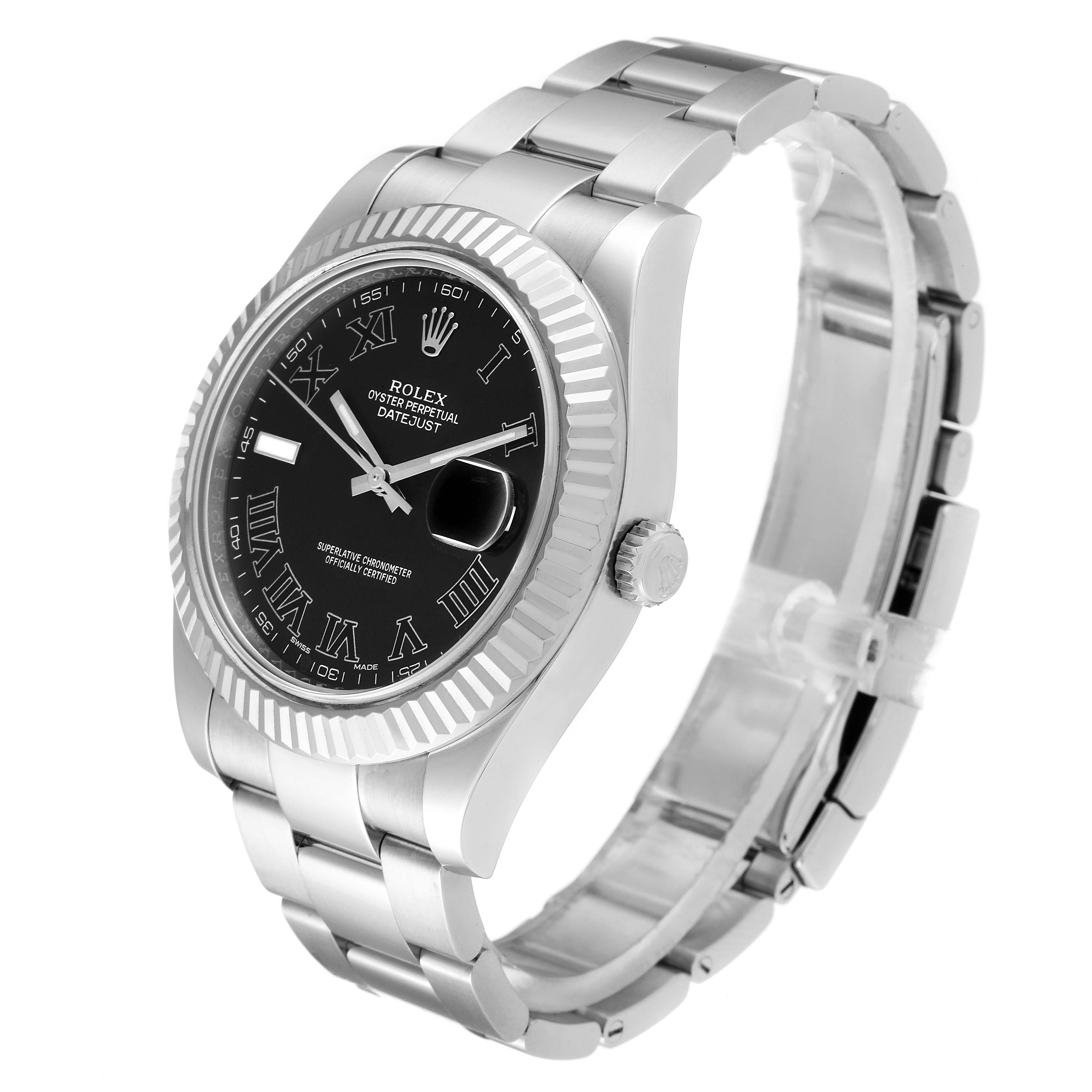 The Rolex Datejust 41 116334 Men's Stainless Steel Grey Dial 116334 Men's Stainless Steel Grey Dial watch is shown at a three-quarter angle, detailing the face, bezel, case, and part of the bracelet.