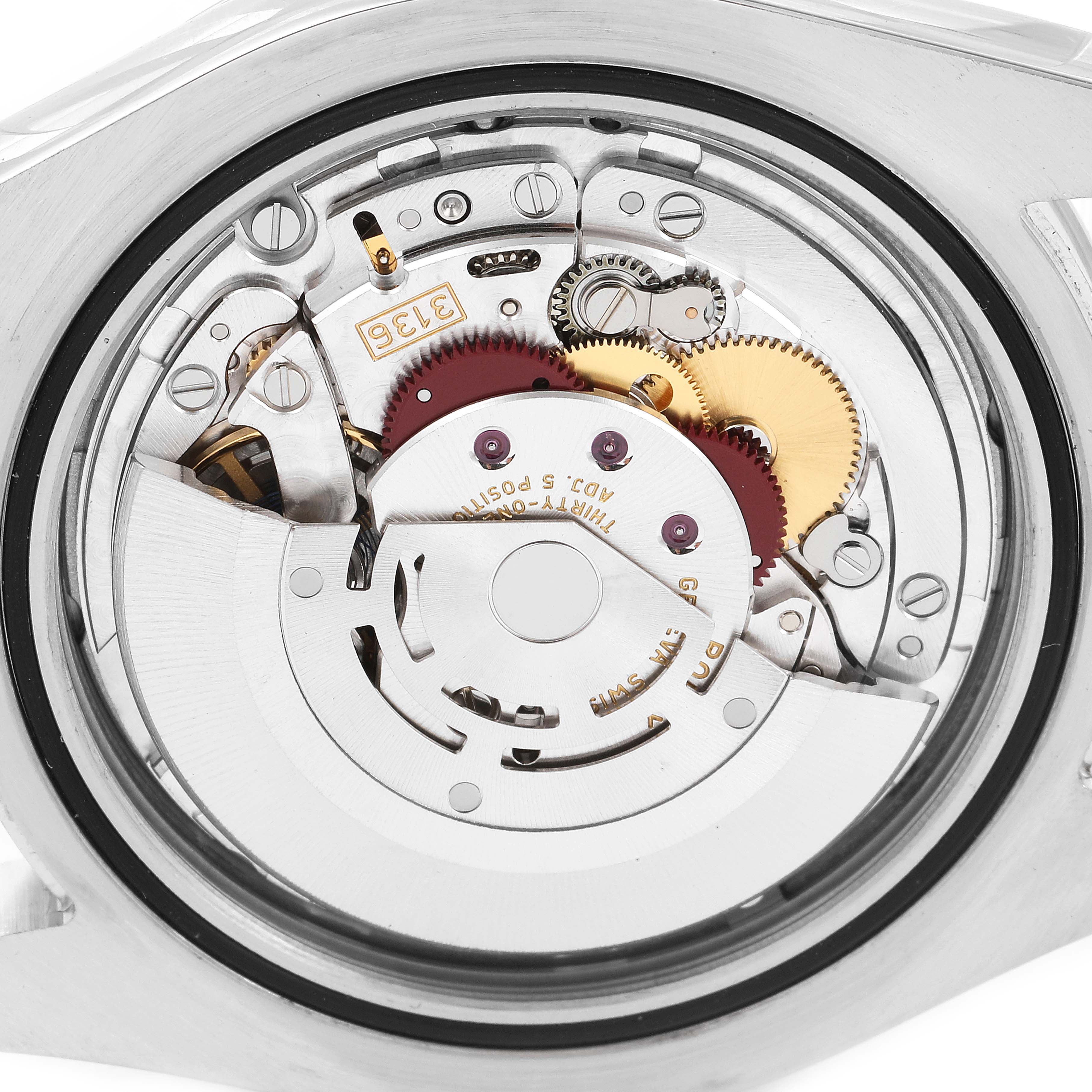 The image shows the intricate internal mechanism of the Rolex Datejust 41 116334 Men's Stainless Steel Grey Dial 116334 Men's Stainless Steel Grey Dial watch from a back angle, highlighting its gears and components.