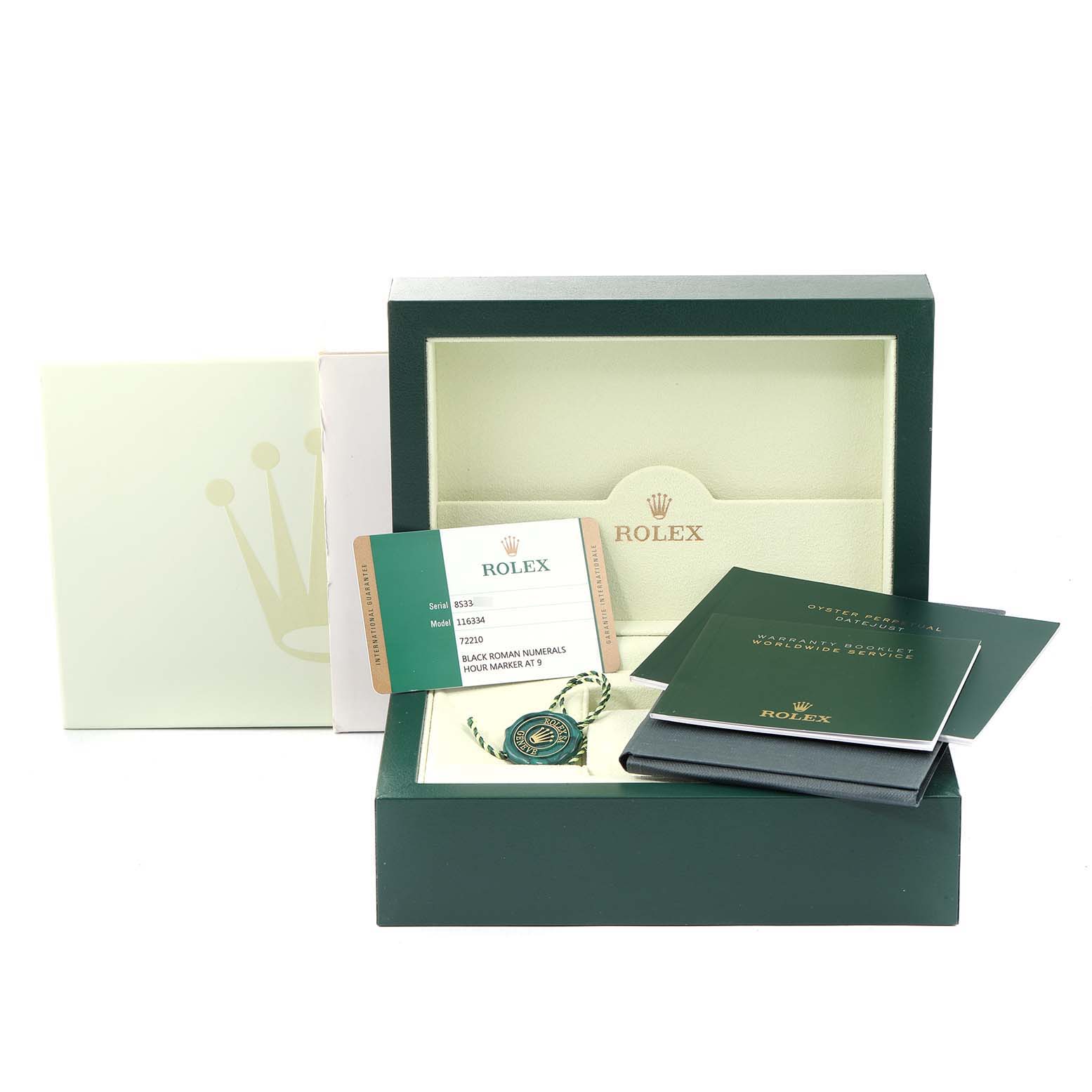 The image shows the packaging, cards, and booklets for a Rolex Datejust 41 116334 Men's Stainless Steel Grey Dial 116334 Men's Stainless Steel Grey Dial watch, including its box and authentication card.