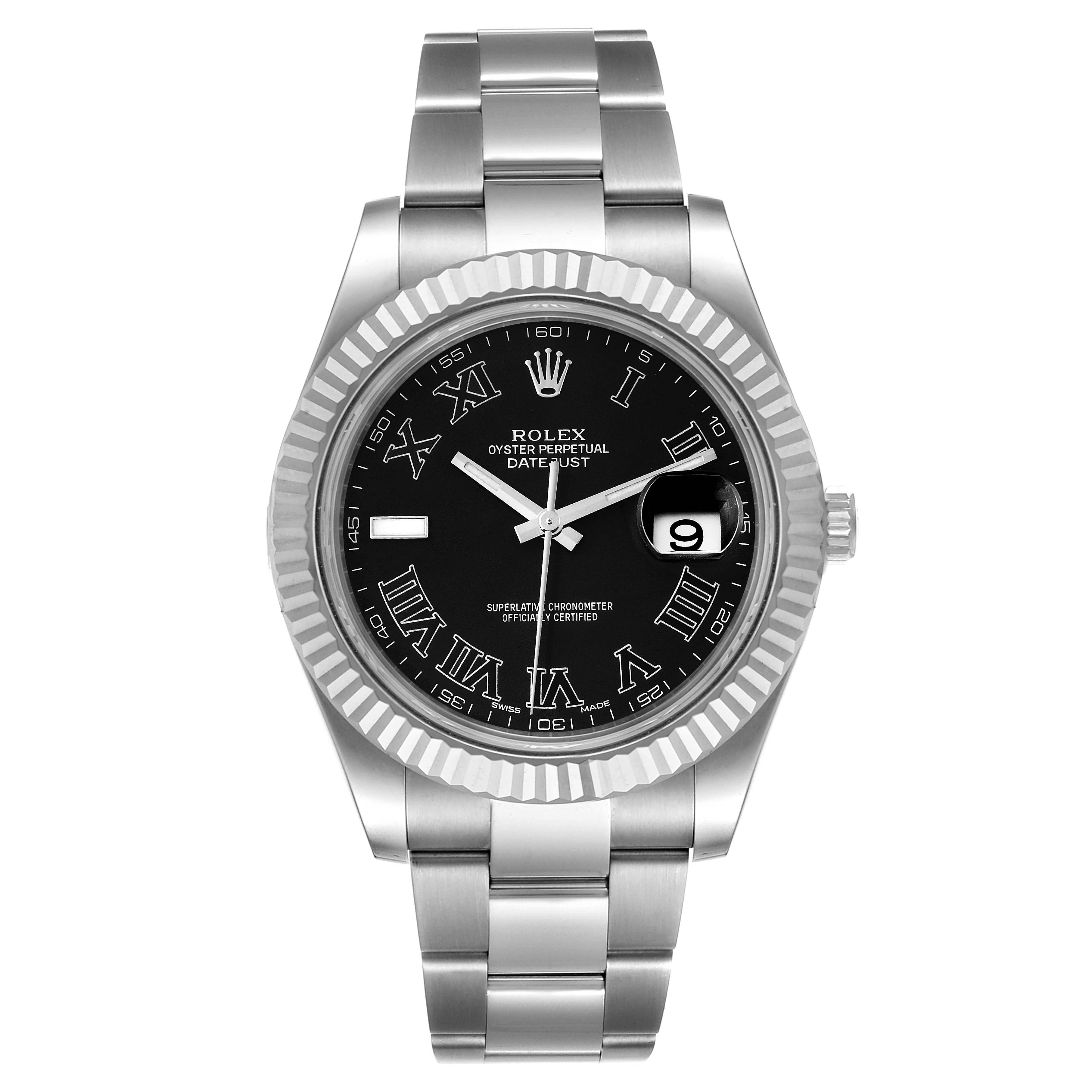 This image shows a Rolex Datejust 41 116334 Men's Stainless Steel Grey Dial 116334 Men's Stainless Steel Grey Dial watch from a front angle, displaying the face, bezel, and part of the bracelet.