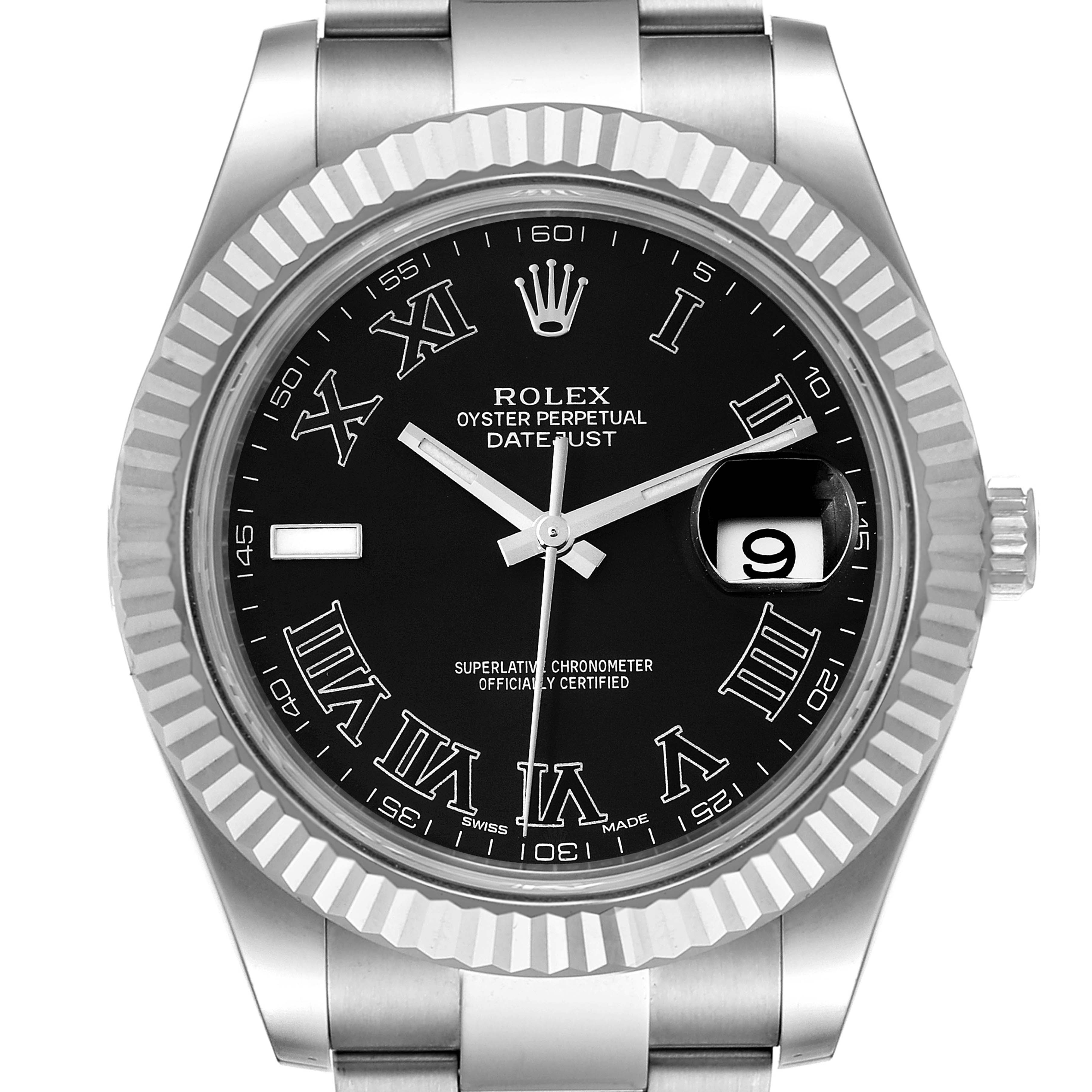 The image shows a face-on view of a Rolex Datejust 41 116334 Men's Stainless Steel Grey Dial 116334 Men's Stainless Steel Grey Dial watch, highlighting the black dial, fluted bezel, and date window.