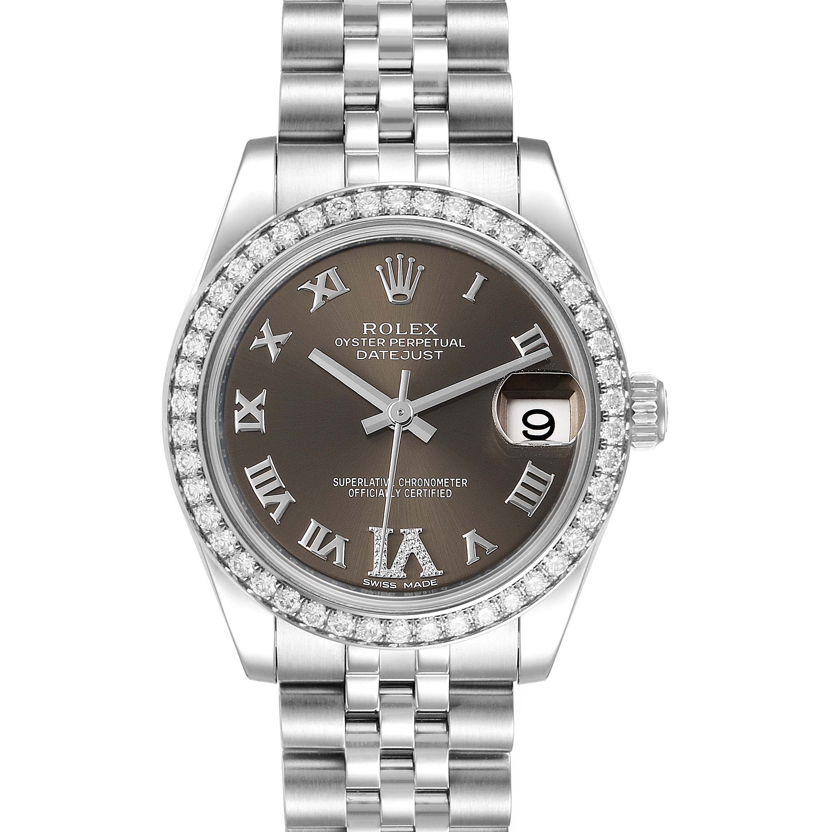 The image shows a front view of the Rolex Mid-Size 178384 Women's Stainless Steel Brown Dial 178384 Women's Stainless Steel Brown Dial Oyster Perpetual Datejust, featuring its dial, bezel, and bracelet.