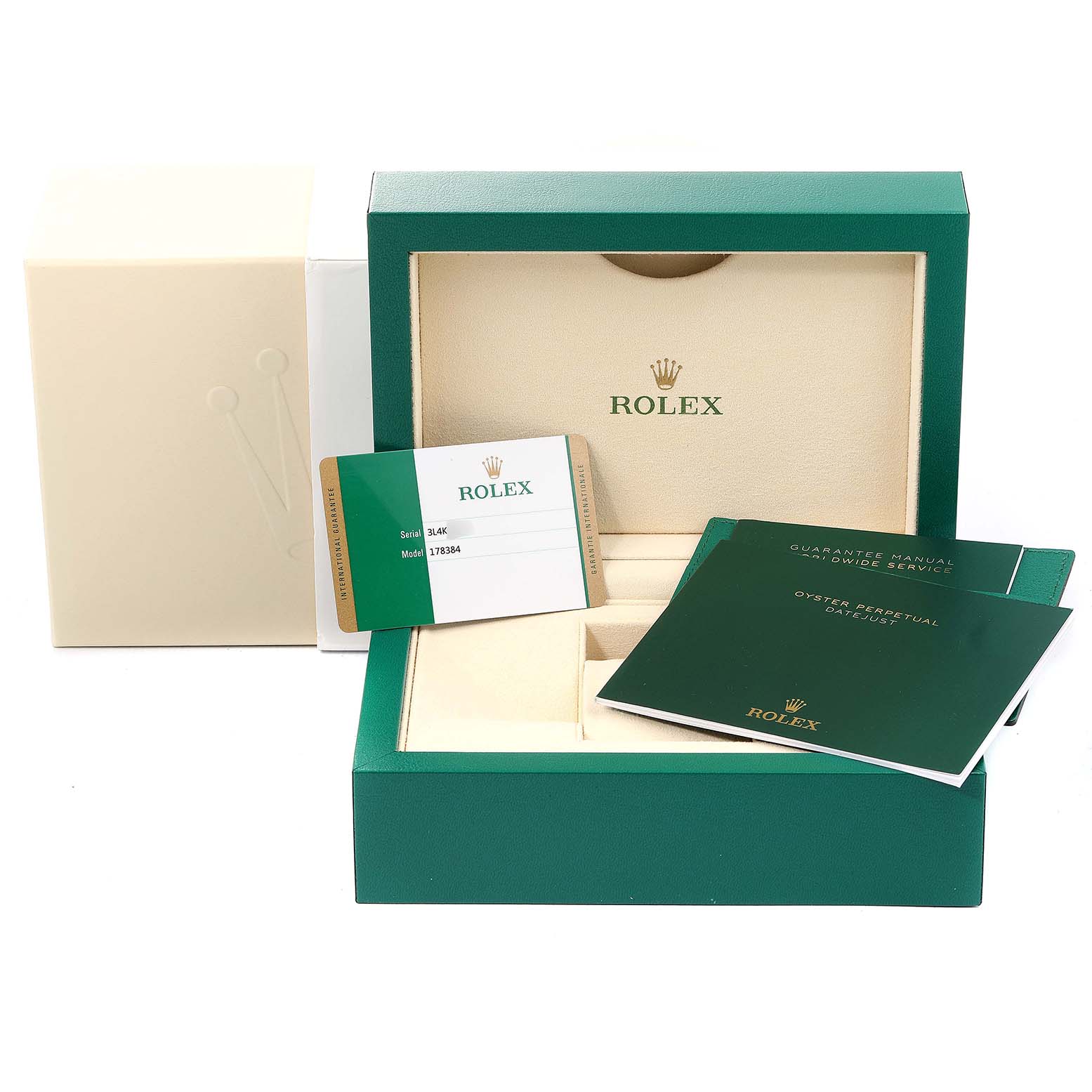 The image shows the accessories for the Mid-Size Rolex watch, including a box, warranty card, and manuals.