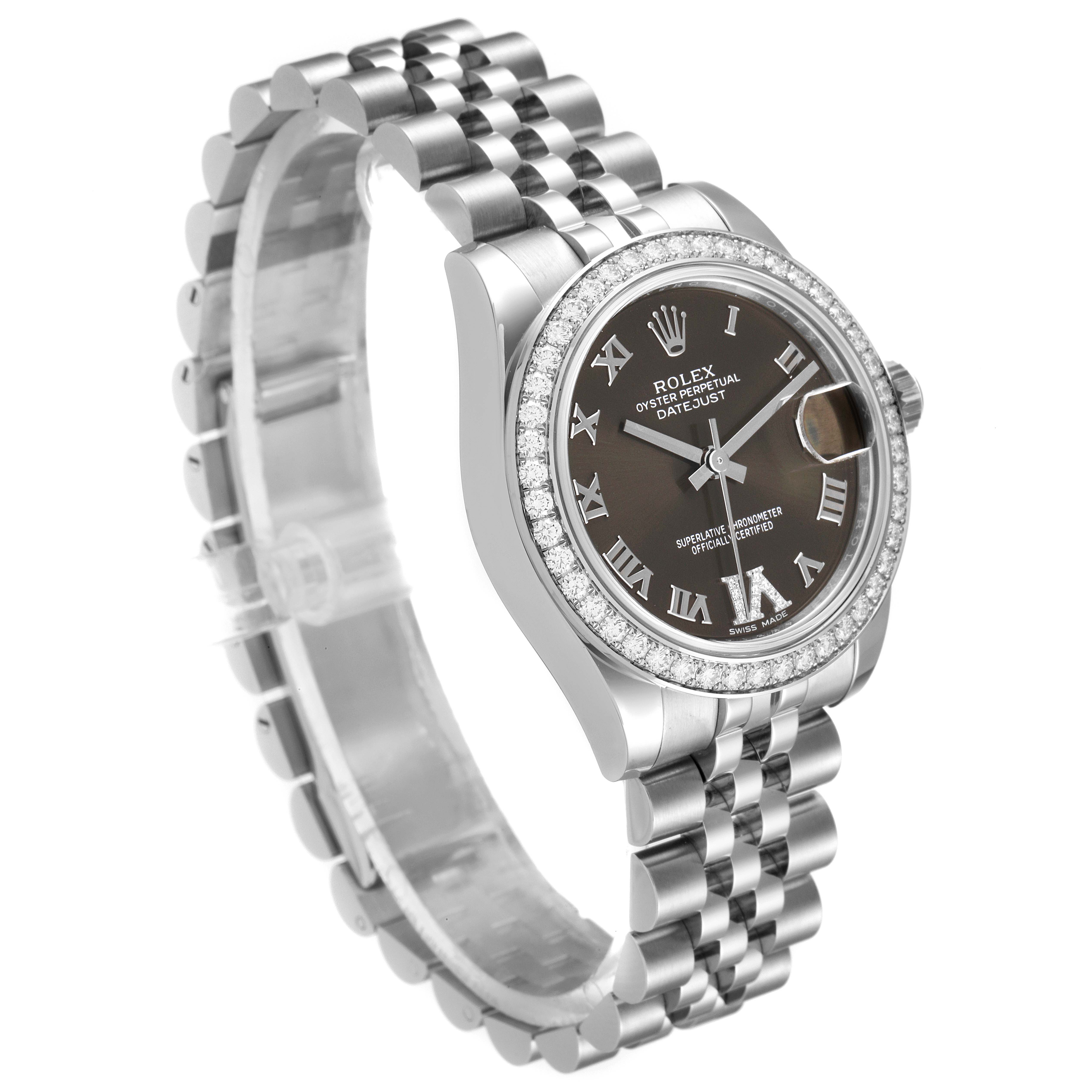 This image shows a frontal and side view of the Rolex Mid-Size 178384 Women's Stainless Steel Brown Dial 178384 Women's Stainless Steel Brown Dial Datejust watch, highlighting its dial, bracelet, and bezel.
