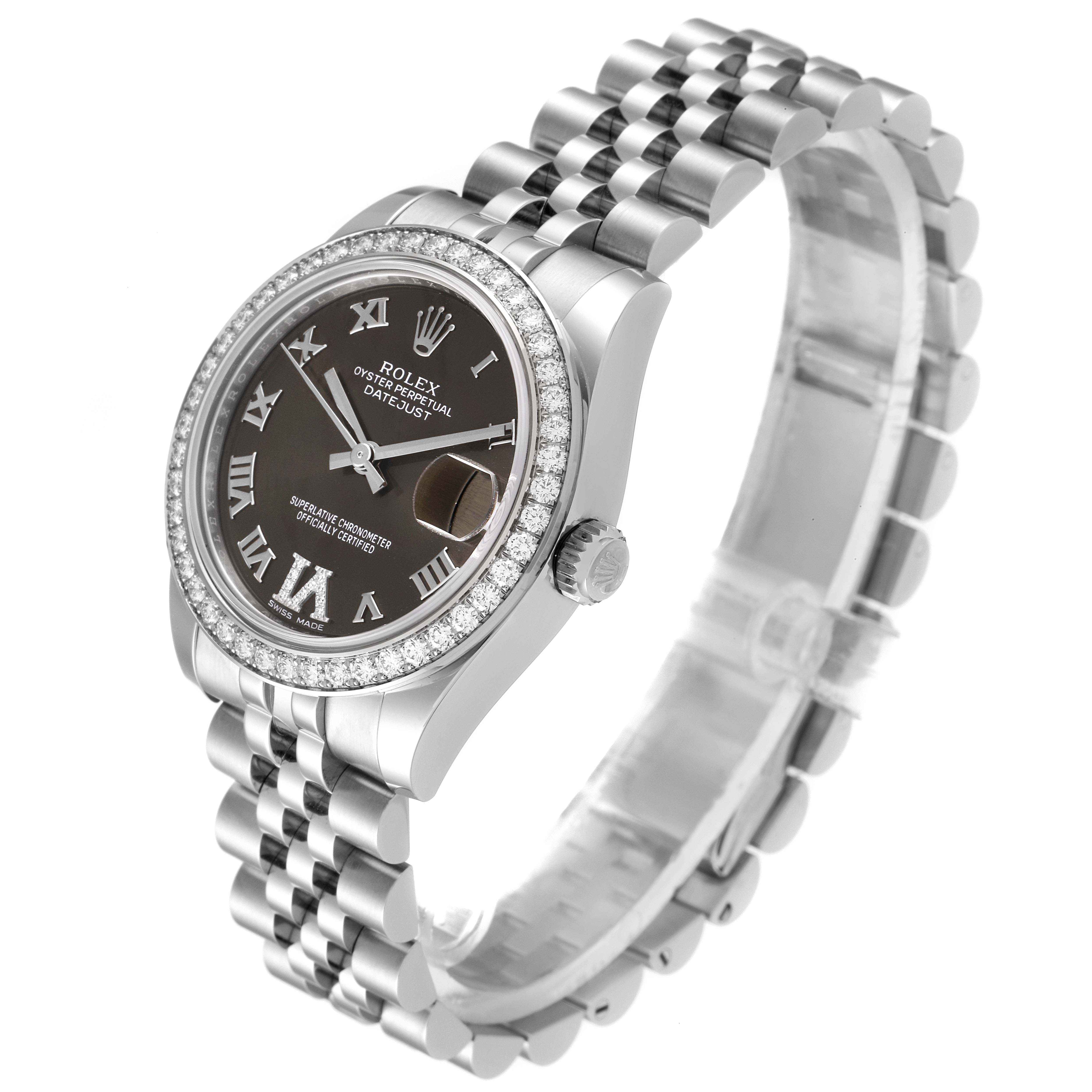 This image shows a Rolex Mid-Size 178384 Women's Stainless Steel Brown Dial 178384 Women's Stainless Steel Brown Dial Oyster Perpetual Datejust watch from an angle highlighting the face, bezel, crown, and bracelet.