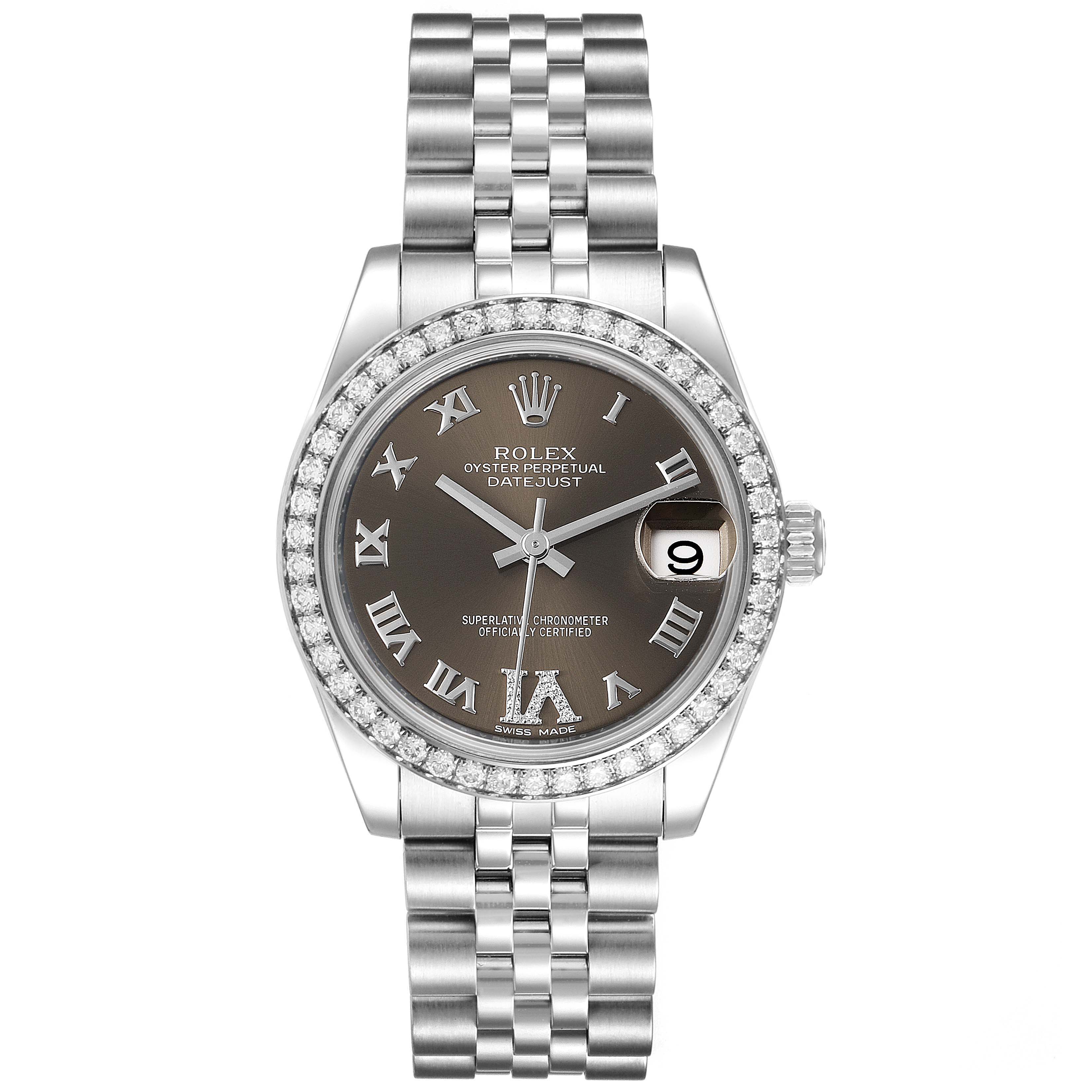 The image shows a frontal view of a Rolex Oyster Perpetual Datejust Mid-Size watch, featuring the dial, bracelet, and bezel.