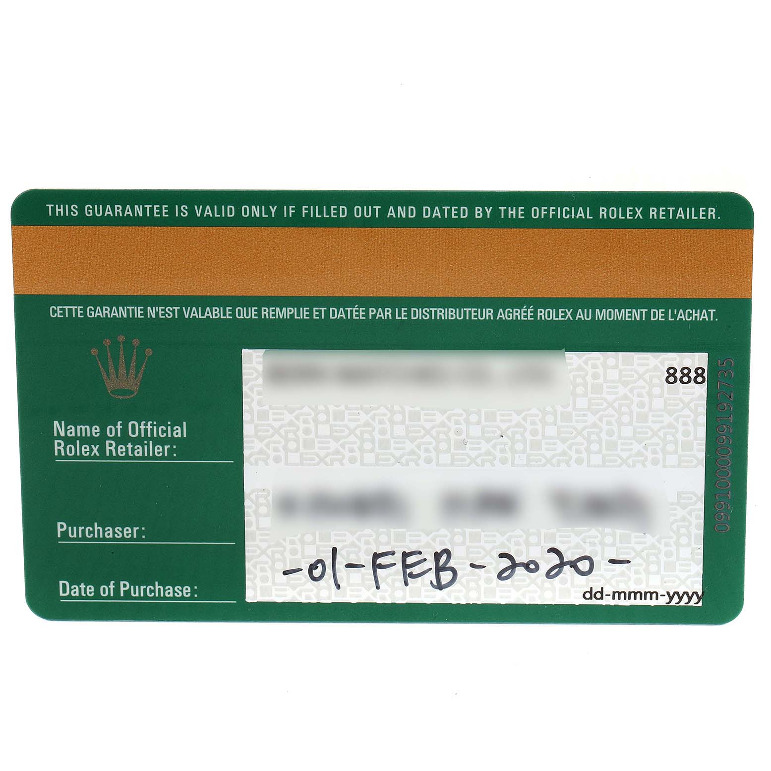 This image shows the front side of a guarantee card for a Mid-Size Rolex watch.