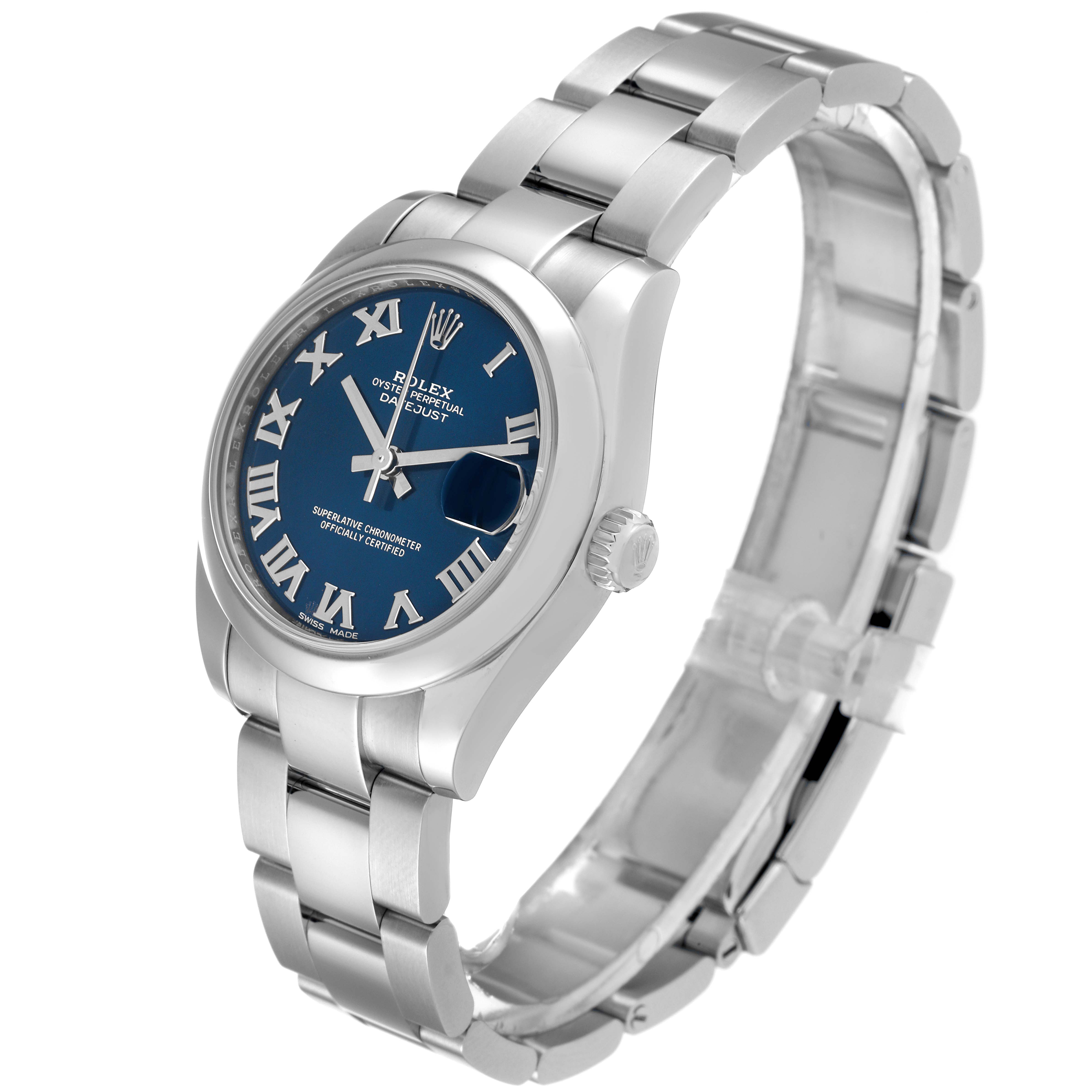 This image shows a side angle of a Rolex Mid-Size 178240 Women
s Stainless Steel Blue Dial 178240 Women
s Stainless Steel Blue Dial model watch, highlighting its silver bracelet, blue dial, and crown.