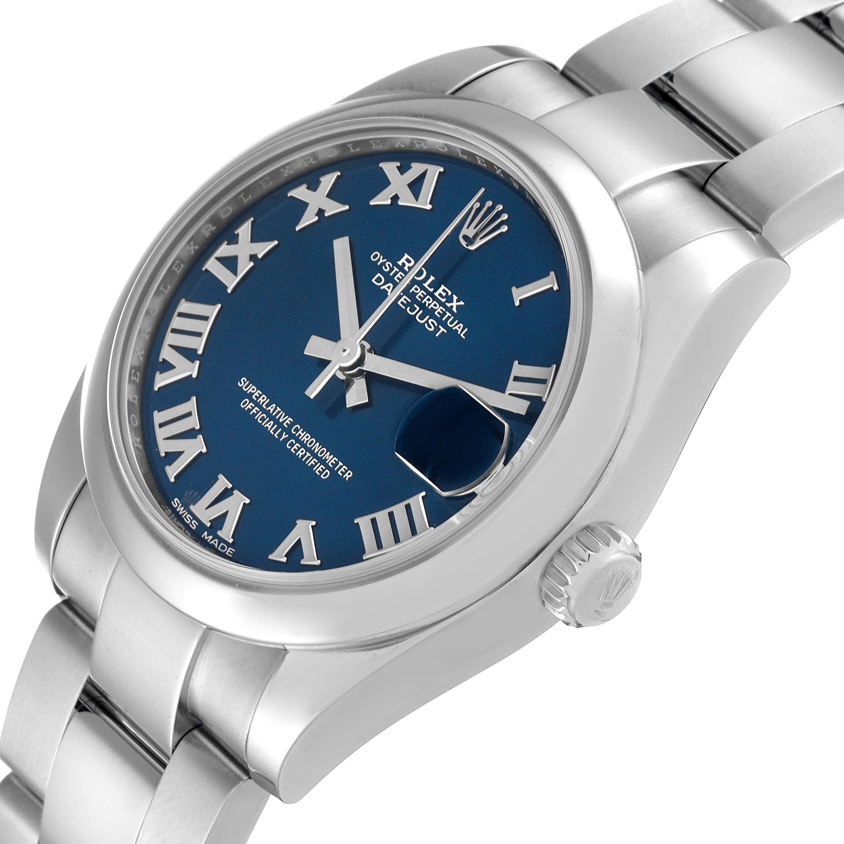 The image shows a close-up angle of the Rolex Mid-Size 178240 Women
s Stainless Steel Blue Dial 178240 Women
s Stainless Steel Blue Dial Datejust, highlighting its blue dial, case, crown, and bracelet.