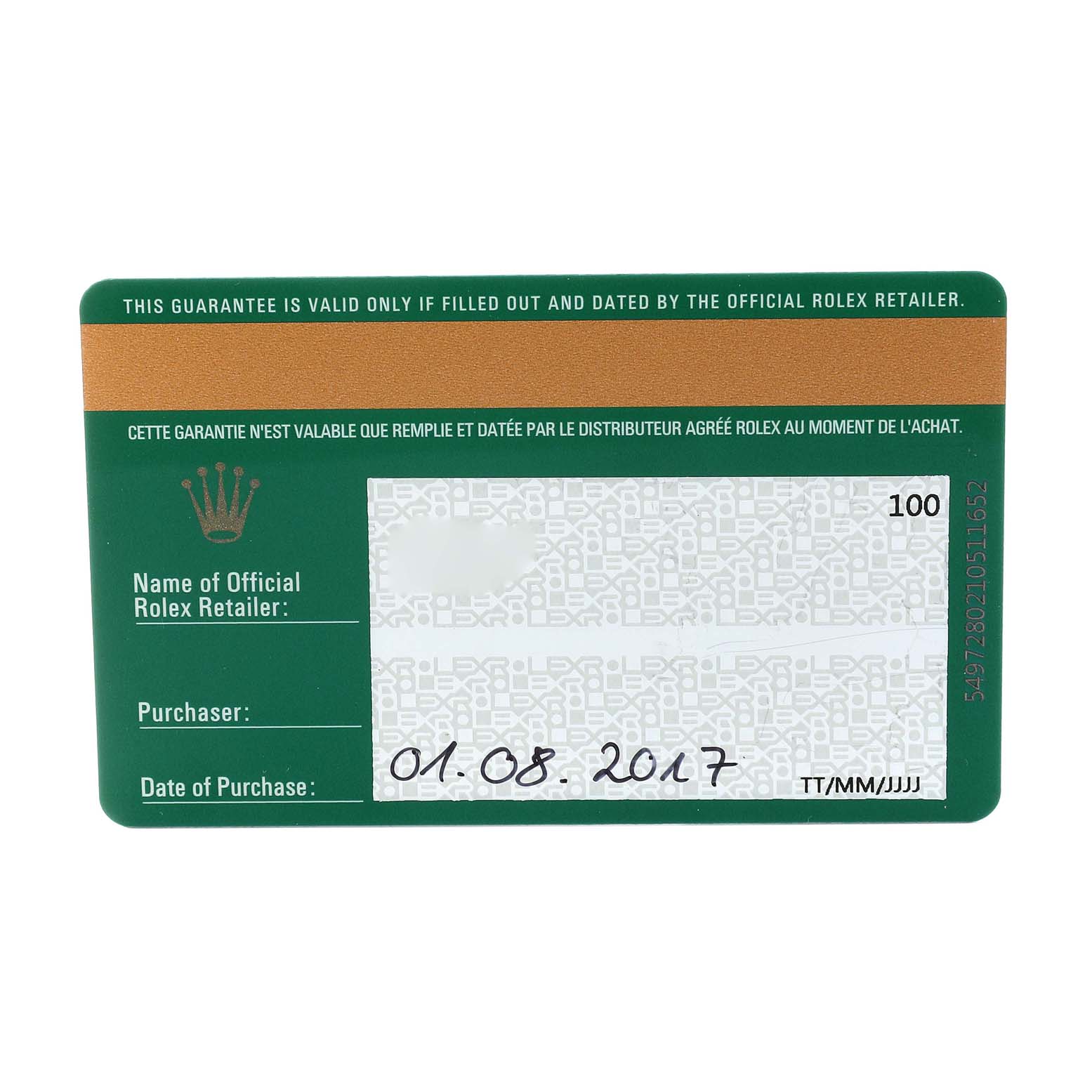 The image shows an official Rolex guarantee card for a Mid-Size model, including retailer and purchase date information.