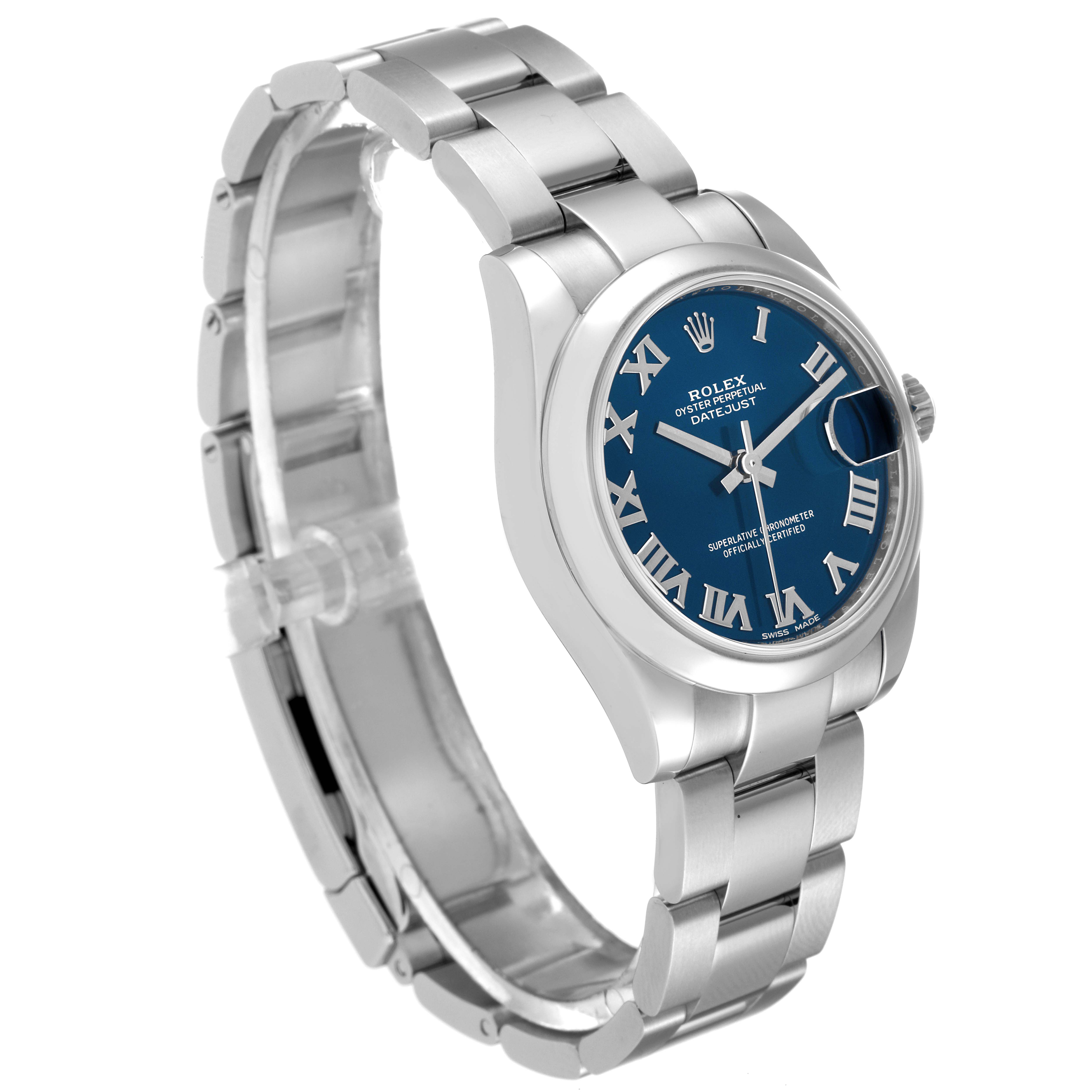 The image shows a Rolex Mid-Size 178240 Women
s Stainless Steel Blue Dial 178240 Women
s Stainless Steel Blue Dial Oyster Perpetual Datejust watch at a three-quarter angle, highlighting the face and bracelet.