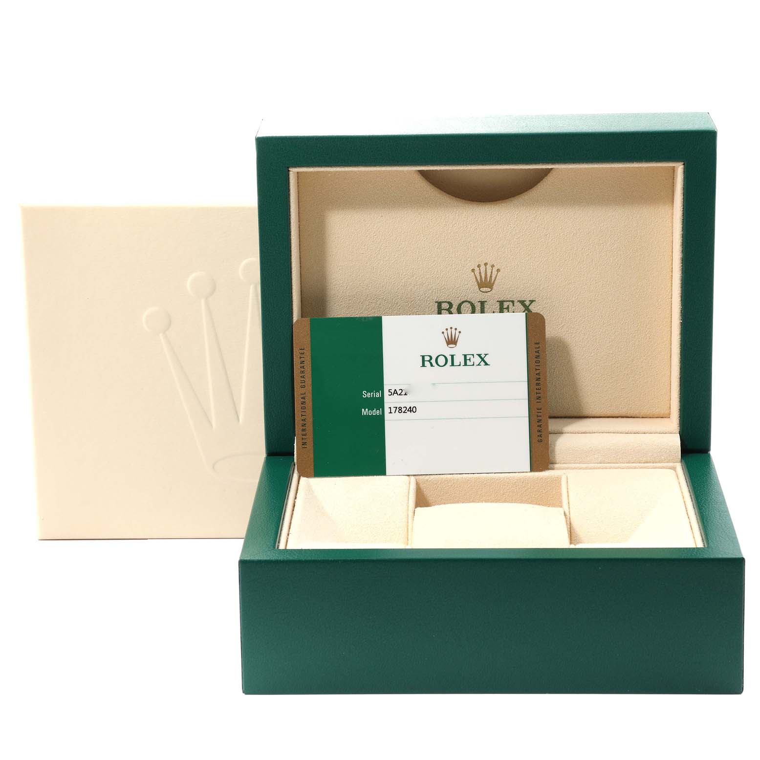 The image shows a Rolex Mid-Size 178240 Women
s Stainless Steel Blue Dial 178240 Women
s Stainless Steel Blue Dial model watch box with an open lid and the Best Quality
ity card displayed inside.