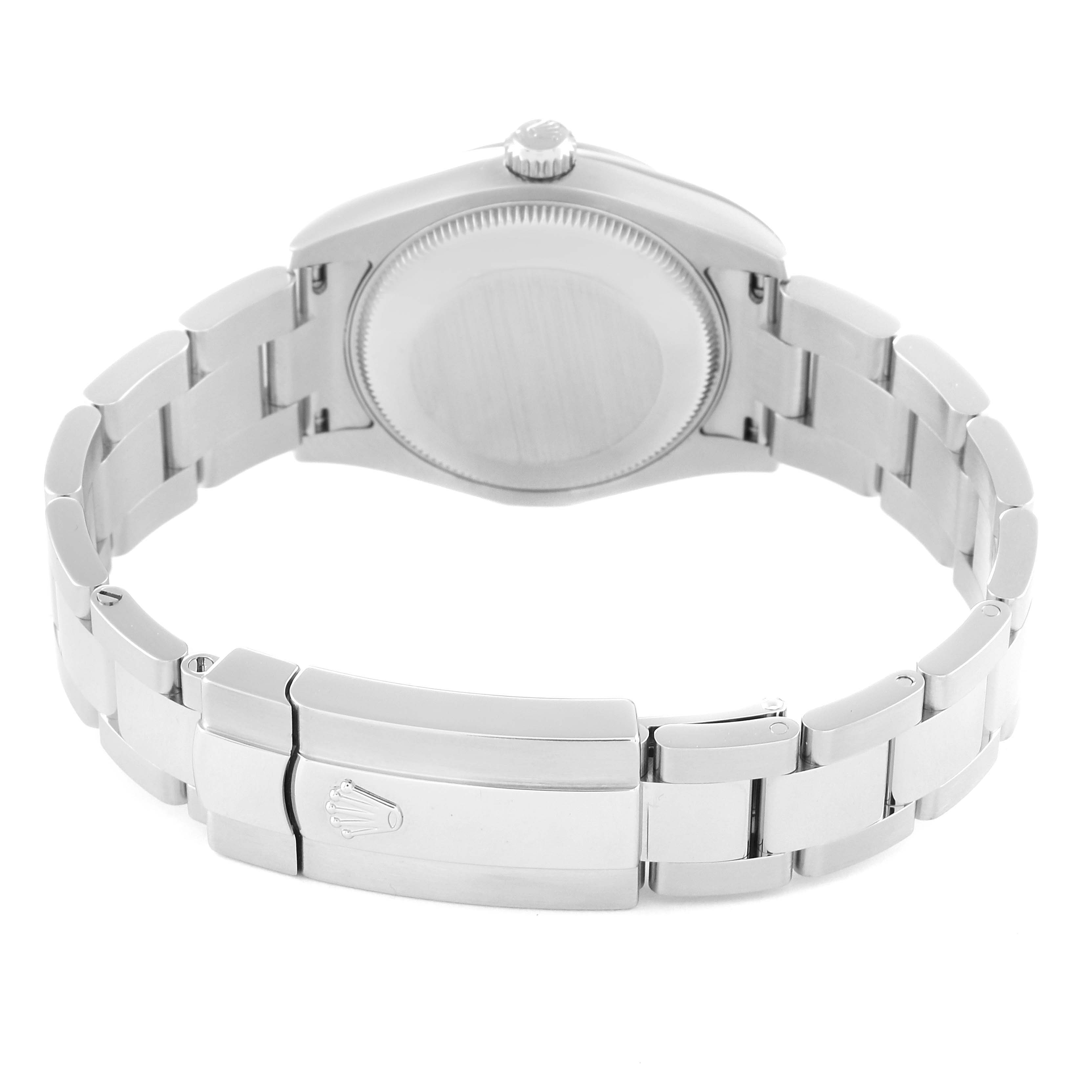 This image shows the back and clasp of a Mid-Size Rolex watch, displaying the bracelet and case back.