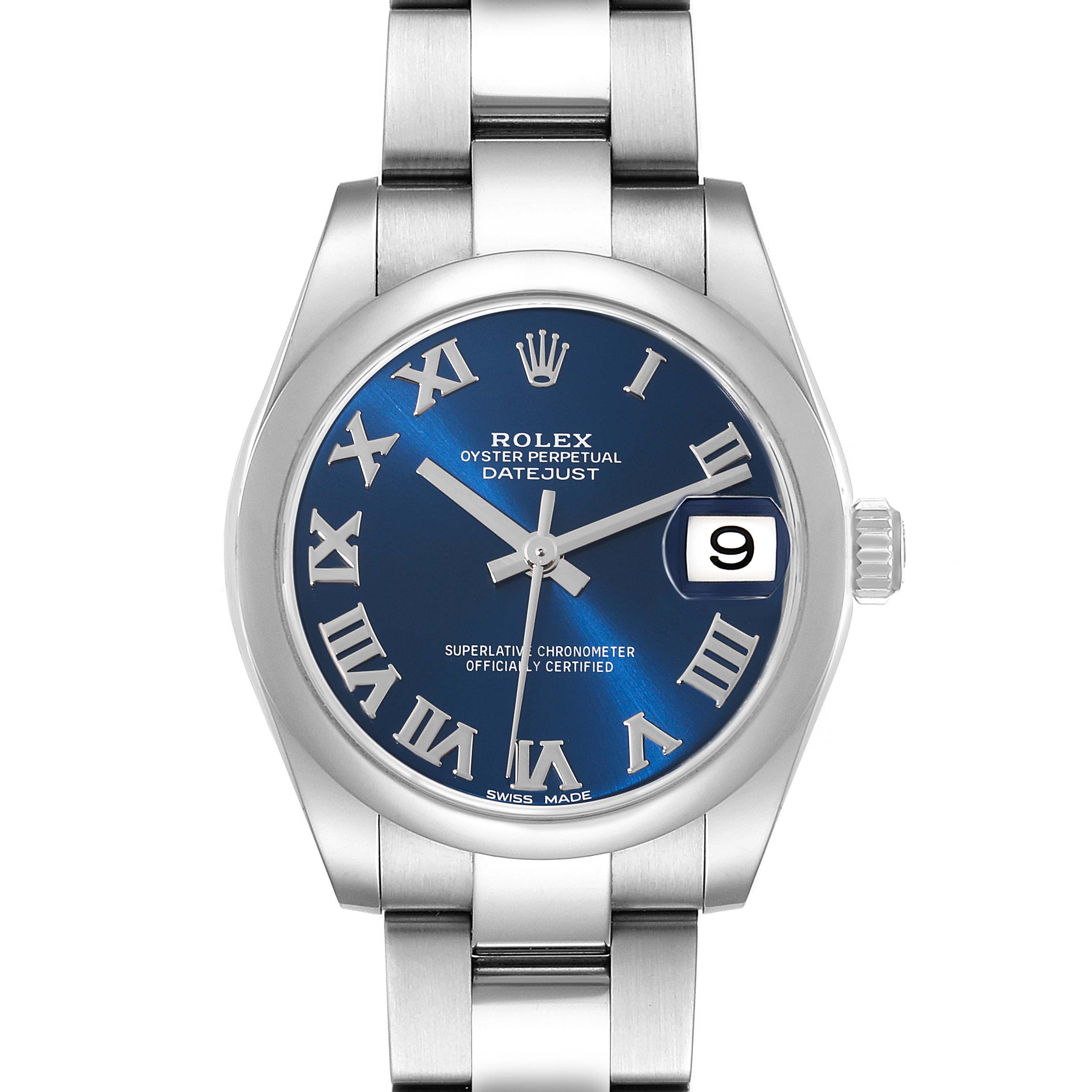 Front view of the Rolex Mid-Size 178240 Women
s Stainless Steel Blue Dial 178240 Women
s Stainless Steel Blue Dial Datejust, showing the blue dial, date window, and stainless steel bracelet.