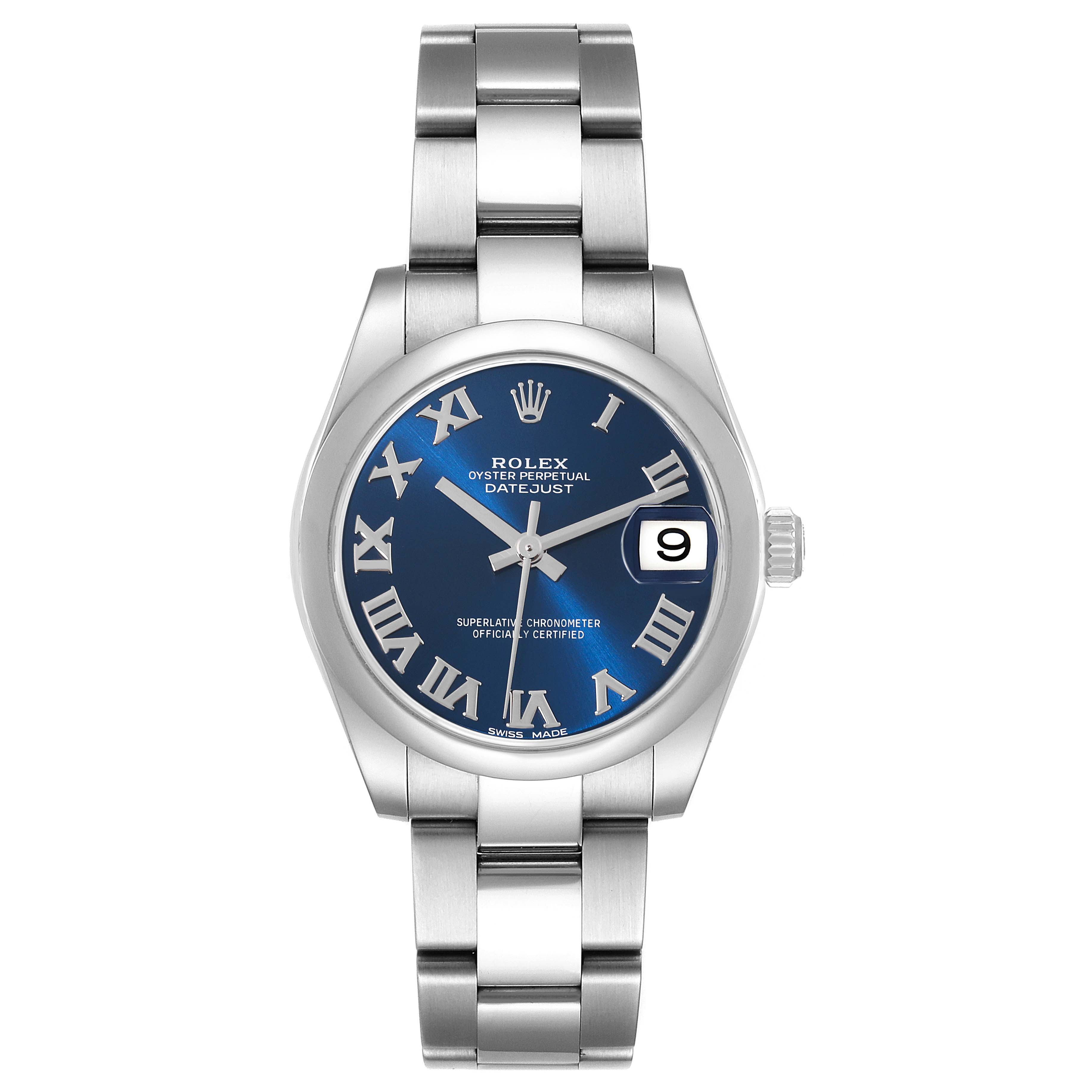 The image shows a front view of a Rolex Mid-Size 178240 Women
s Stainless Steel Blue Dial 178240 Women
s Stainless Steel Blue Dial Datejust watch with a blue Roman numeral dial and steel bracelet.
