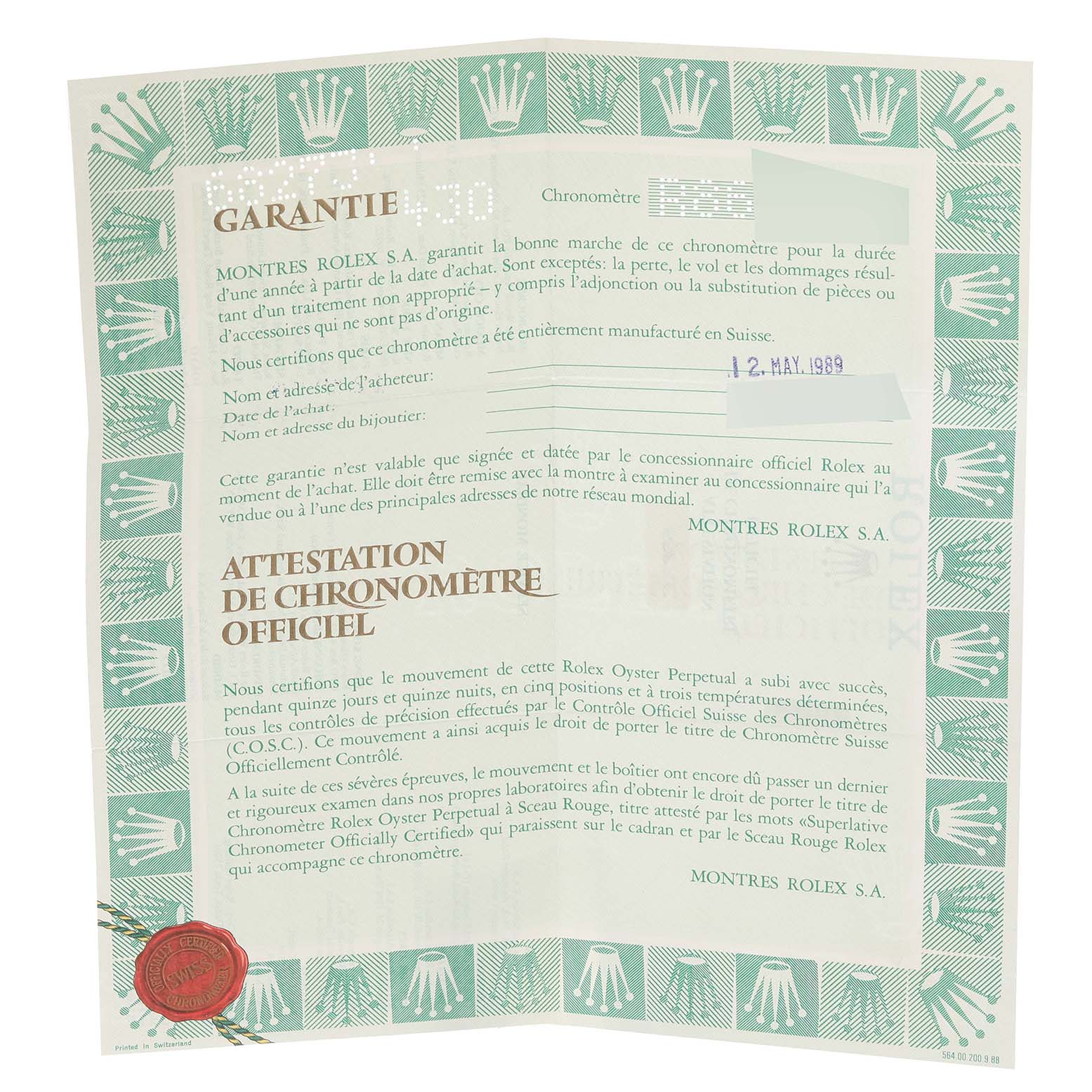 The image shows a guarantee and chronometer certificate for a Mid-Size Rolex watch, dated May 12, 1989.
