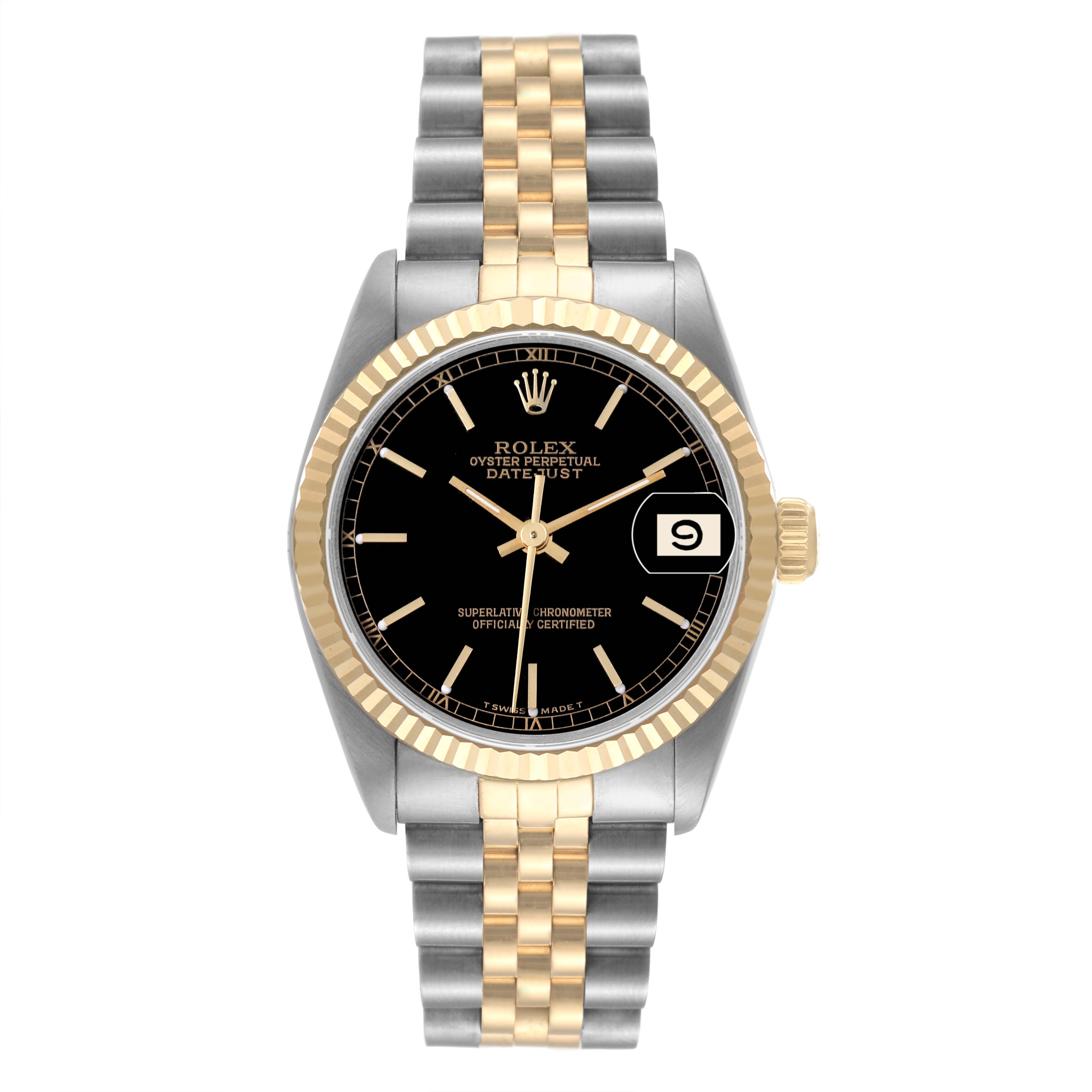The image shows a Rolex Mid-Size 68273 Women's Steel and Gold (two tone) Black Dial 68273 Women's Steel and Gold (two tone) Black Dial Oyster Perpetual Datejust watch with a black dial, gold bezel, and two-tone bracelet, viewed from the front.